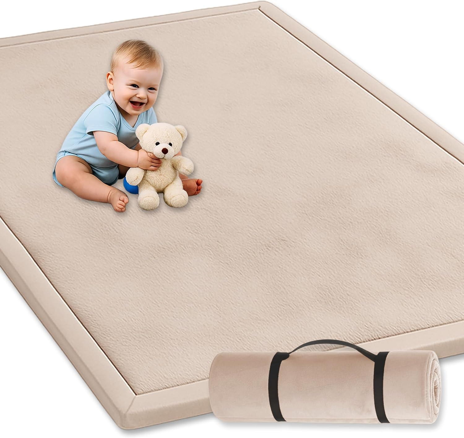Baby Play Mat 150X200Cm, Extra Thick 3.5Cm Mellow Memory Foam Tatami Muscle Mat, Non-Slip, Water-Repellent Velvet Rug for Nursery, Crawling & Tummy Time, Elastic Strap Included