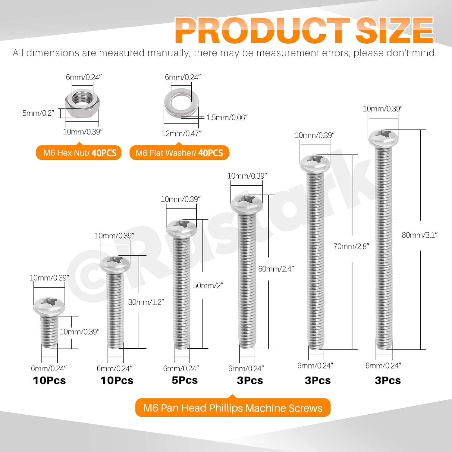 Rustark 114Pcs 6 Sizes M6 304 Stainless Steel Pan Head Phillips Machine Screws Assortment Kit Metric Screws Bolts Washers Nuts Kit Receptacles Mounting Screws for Cabinet Drawer Knob Pull Handle image number 3