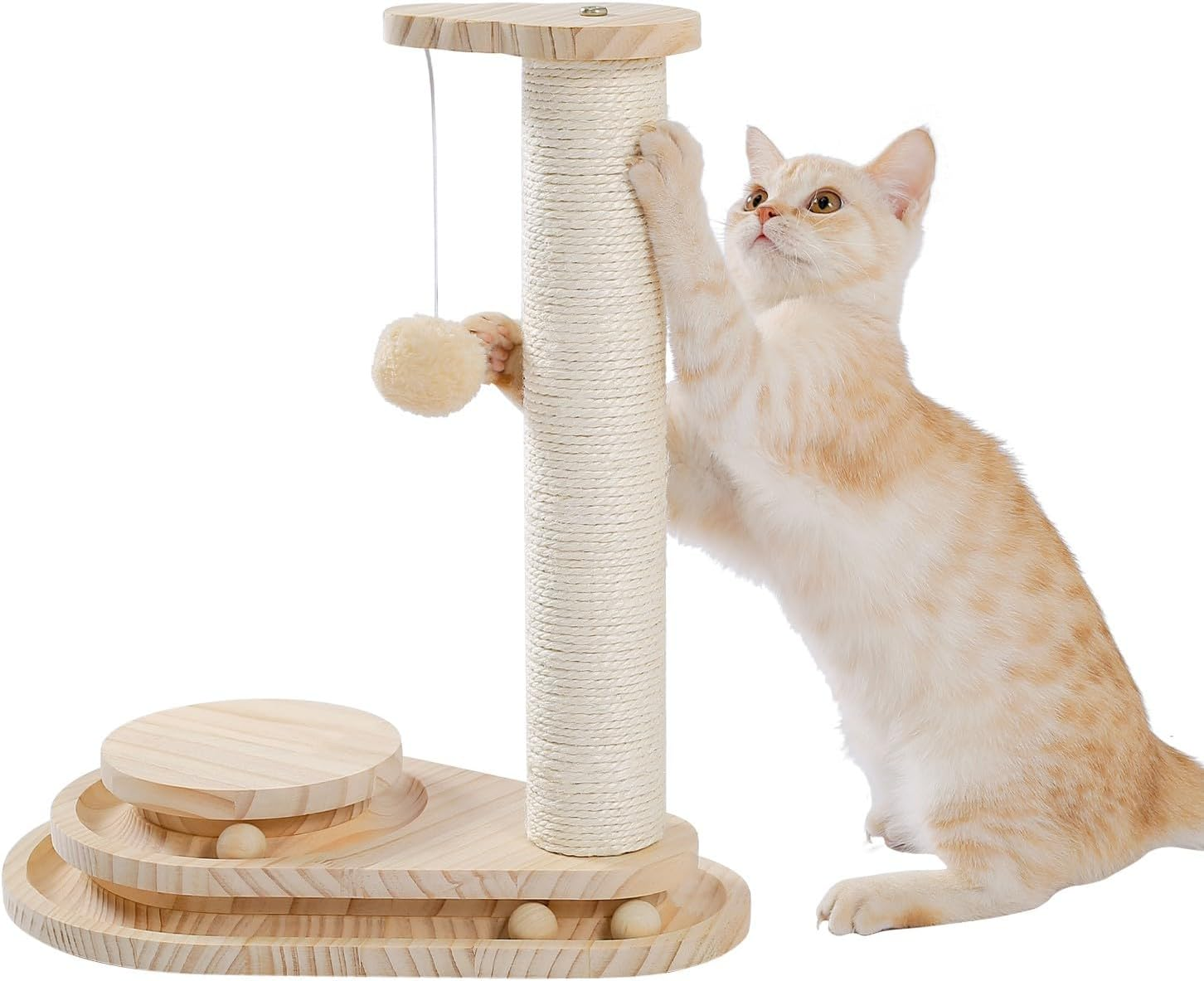 PAWZ Road Cat Scratching Post Cat Scratcher Kitten Toys for Indoor Cats Wooden Ball Track Two-Layer Modern Sisal 45Cm Tall Scratch Post Interactive Toy with Dangling Ball image number 2