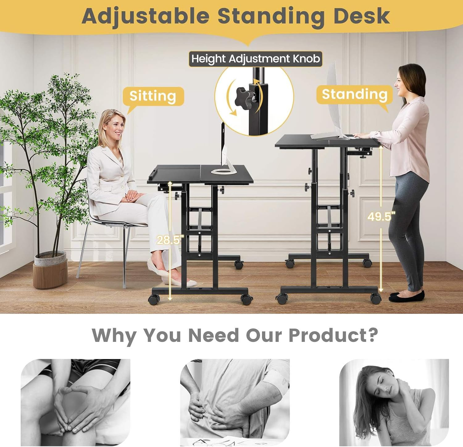 Costway Mobile Standing Desk, Laptop Cart W/Flip-Over Desktop, Portable Stand up Desk, Overbed Table W/Wheels, Computer Desk for Standing or Sitting, Height Adjustable Workstation for Home & Office