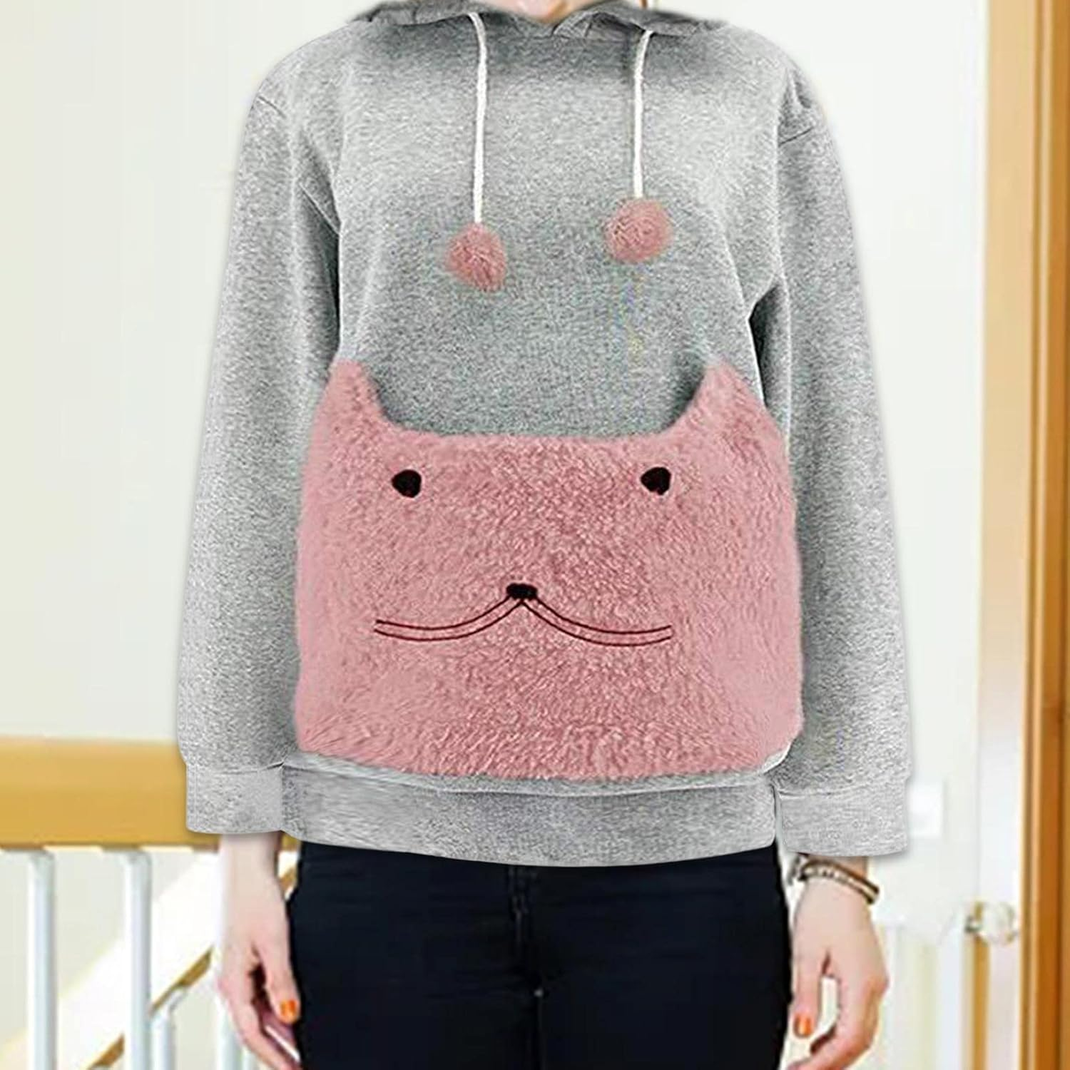 Perfeclan Pet Pouch Hoodie Dog Cat Holder Carrier Sweatshirt Fleece Big Pouch Pullover for Women - Gray image number 2