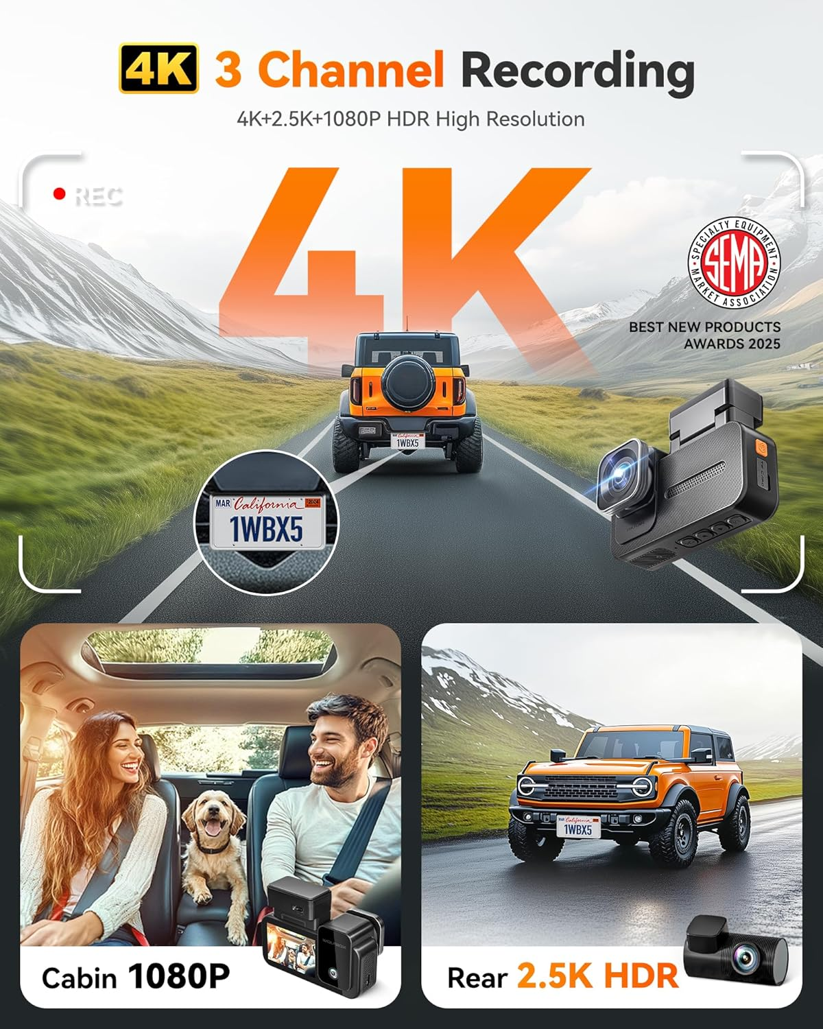 WOLFBOX X5 New 3 Channel 4K HDR Dash Cam, STARVIS 2 IMX678,4K+2.5K+1080P Front and Rear inside Car Camera with 128GB Card, Voice Control, 5.8Ghz Wifi GPS, Touch Screen, Digital Signal, Support 512GB image number 2