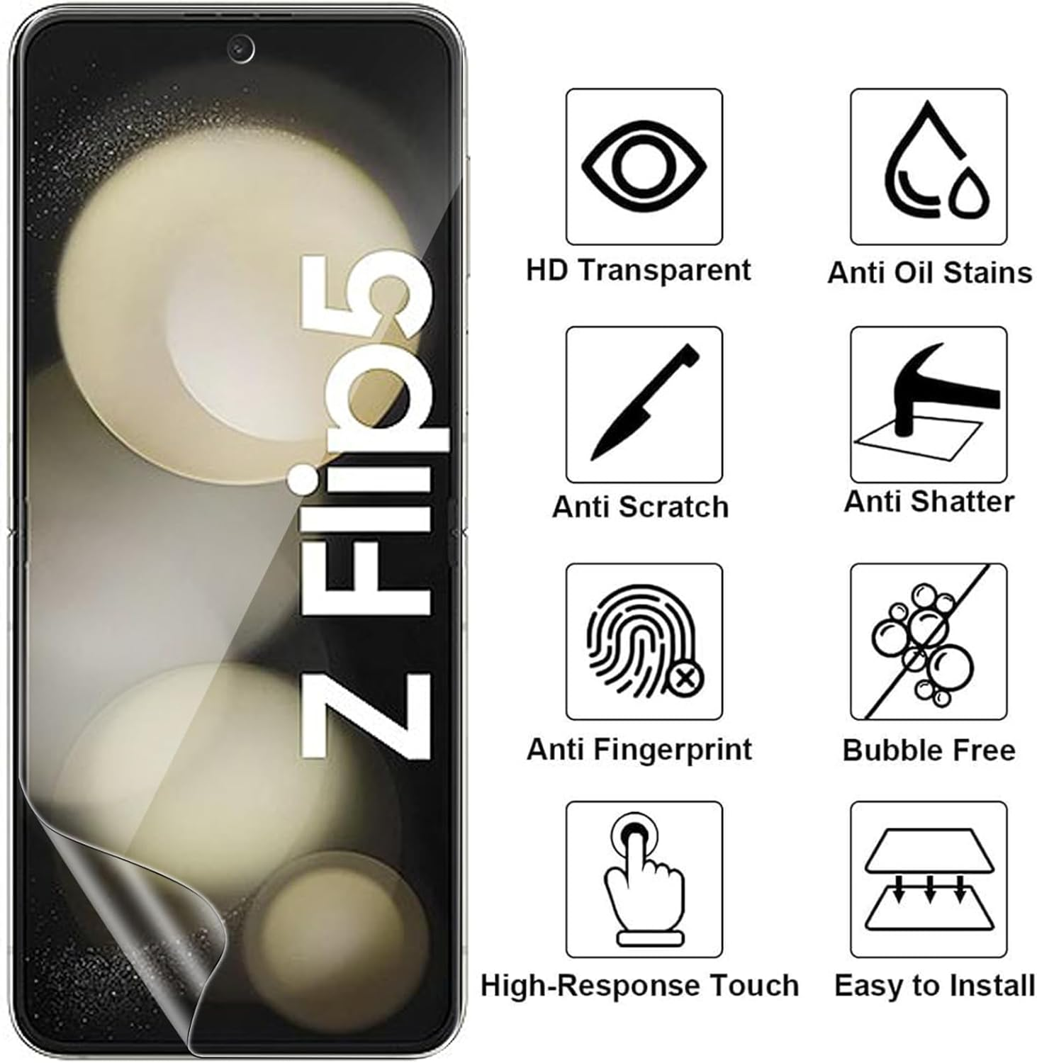 [3 Pack] Hydrogel Screen Protector for Samsung Galaxy Z Flip 6/5/4/7 FE 5G, Electro-Weideworld Scratch Resistant HD Clear TPU Screen Protector, Support Fingerprint Unlock image number 1