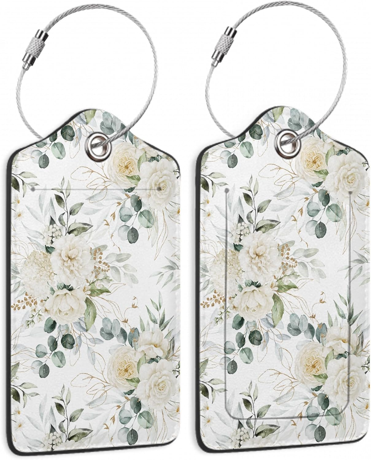 SKYDAWNY Flowers 2 Pack Leather Luggage Tags for Suitcase,Rose Peony Green Leaves Travel Cruise Baggage Tag for Women Men Luggages Bag with Privacy Cover Name ID Label Stainless Steel Loop image number 5