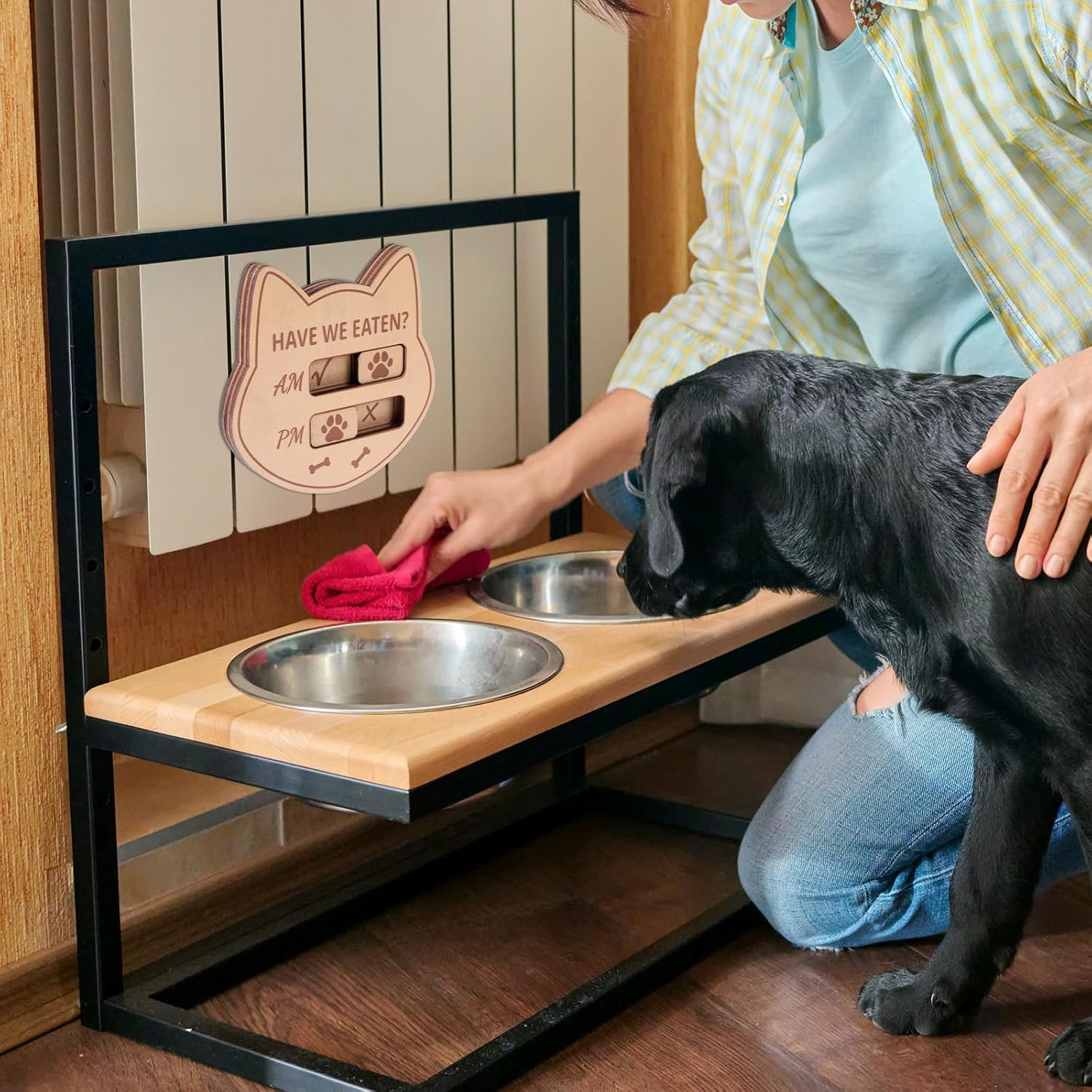 Gosknor Magnetic Pet Feeding Reminder, 4.72X4.72In Have We Eaten Sign AM PM Feed Chart Tracker with Yes No Option for Fridge Prevent Dog Cat over or under Feeding