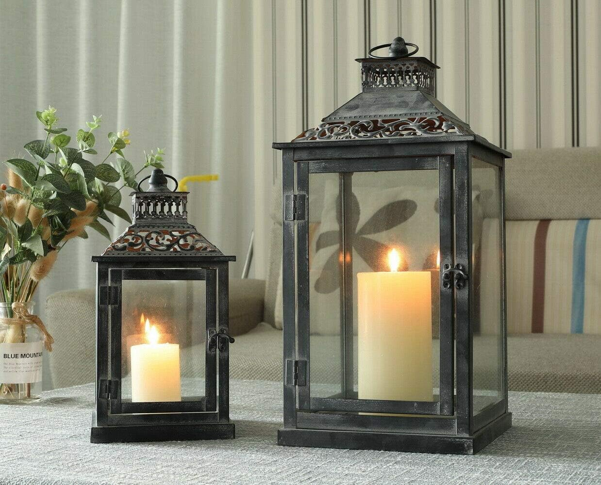 JHY Design Set of 2 Black with Grey Brush Decorative Lanterns, Metal Candle Lanterns for Indoor Outdoor, Events, Paritie and Weddings Vintage Style Hanging Lantern image number 5