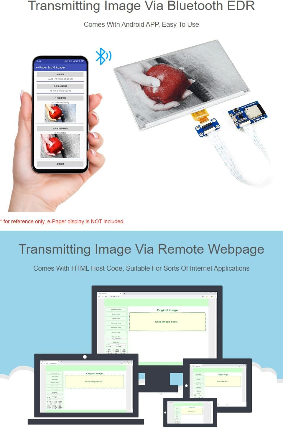 Waveshare Universal E-Paper Driver Board Onboard ESP32 Supports Various Waveshare SPI Interface in E-Paper Raw Panels Refreshing Image via Wifi or Bluetooth