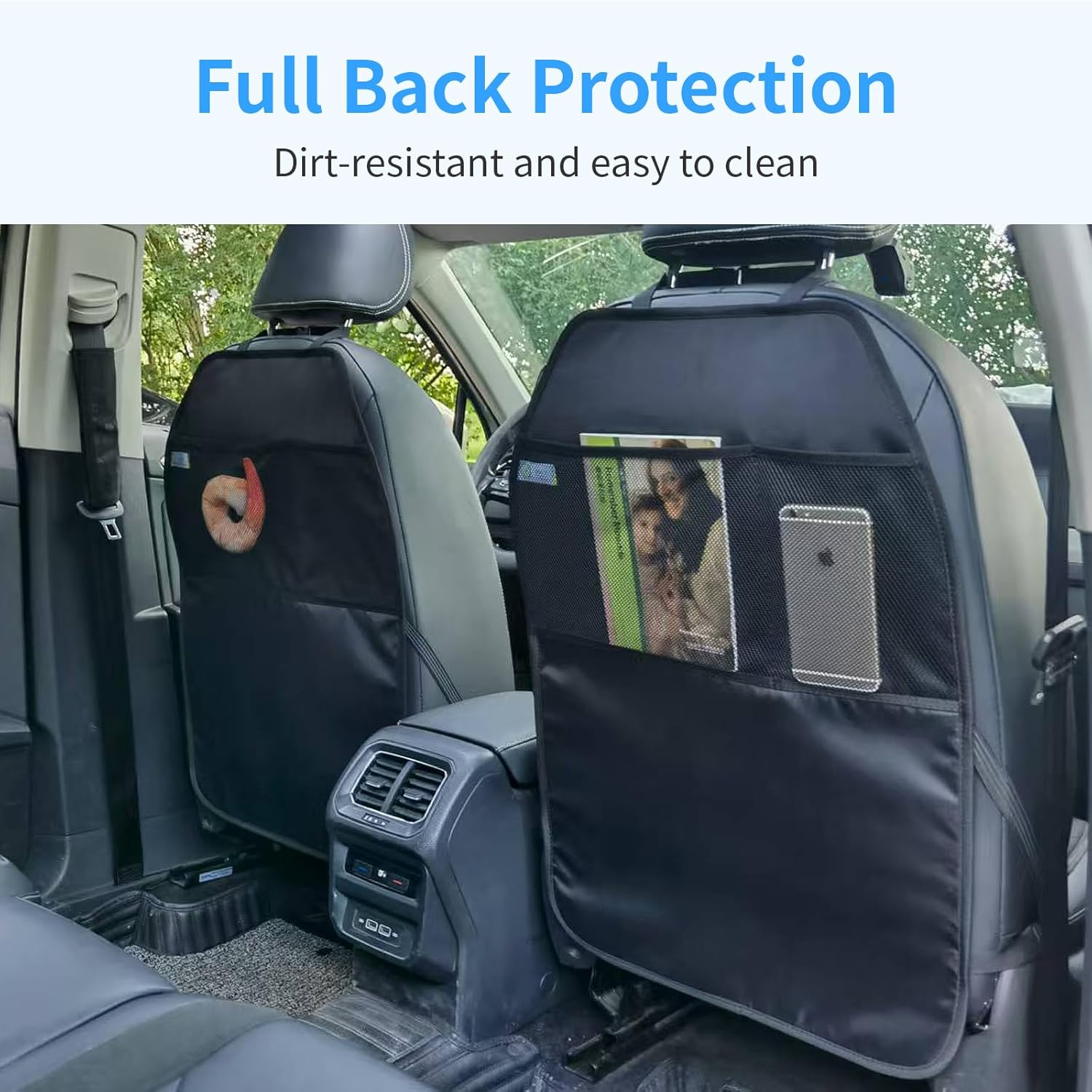 Car Kick Mats 2 Pack Extra Large Seat Protector Durable Water Resistant Auto Seat Back Covers with 2 Mesh Pockets Protection against Dust Mud Scratches (Black, 2-Pack) - Beige-A image number 3