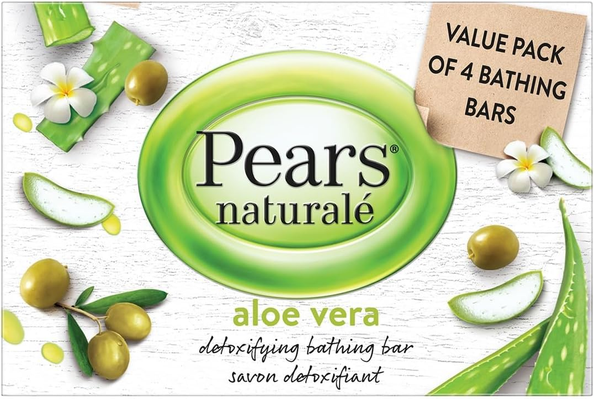 Pears Natural&eacute; Detoxifying Aloe Vera Bar Soap with 100% Natural Aloe Vera & Olive Oil| Paraben-Free Moisturising Soap with Mild Fragrance| Dermatologically Tested & Eco-Friendly (Pack of 4)