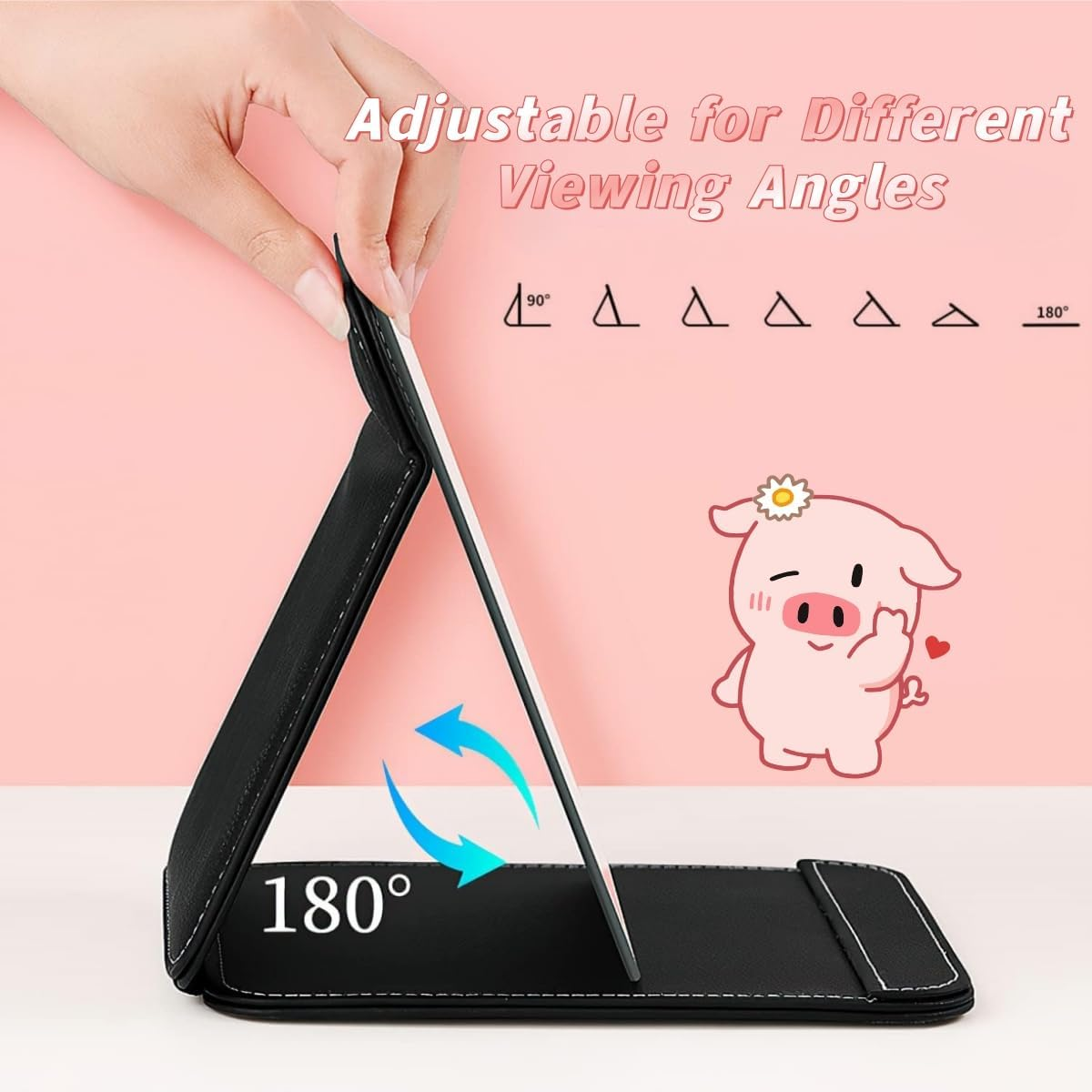 Hpessoterr Makeup Mirror, Portable PU Folding Vanity Mirror with Standing,With Bracket,For Vanity Table, Office, Travel (Black) image number 4