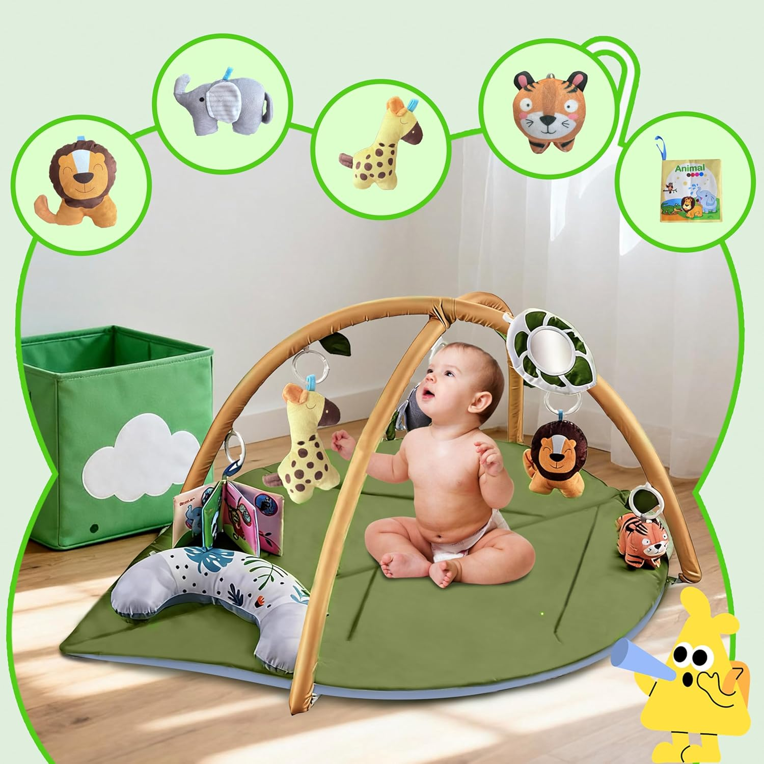 Baby Play Mat, Extra Large Leaf Shaped Tummy Time Mat with 7 Detachable Toys for Newborn Infant Motor Skills & Sensory Development, Ideal & Newborn Essentials image number 5
