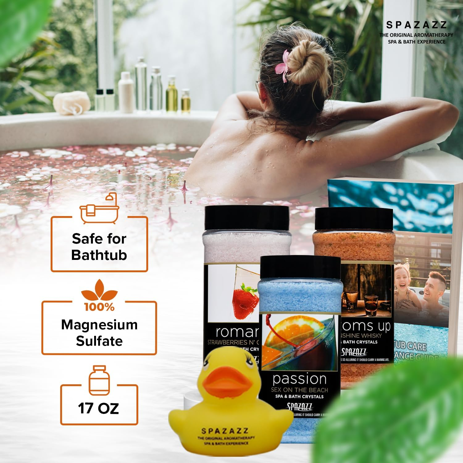 Spazazz Hot Tub Aromatherapy Set the Mood Gift Bundle &ndash; Three 17 Oz Bath Salts in Bottoms Up, Passion & Romance with Rubber Duck & Hot Tub Care Ebook image number 2