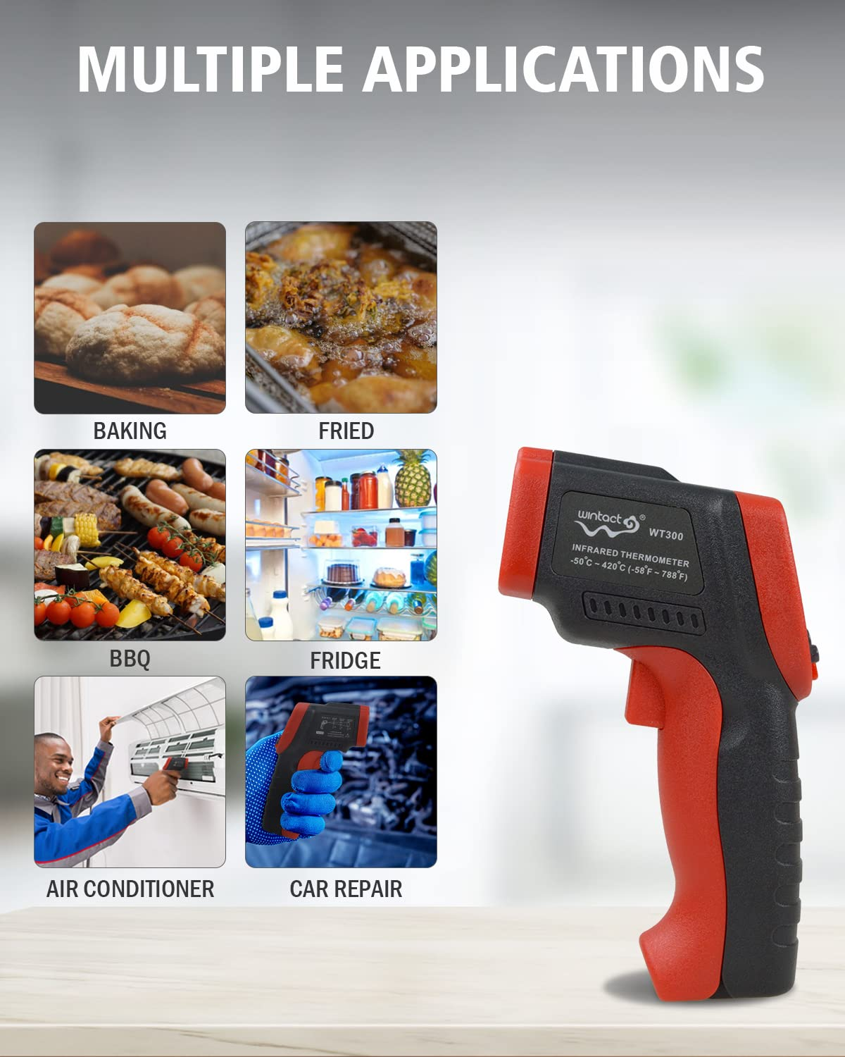 Wintact Infrared Thermometer﹣58℉~788℉ (-50℃~420℃) Non-Contact Digital Surface Laser Temperature Gun, Adjustable Emissivity for Kitchen Fridge Freezer Cooking Food Meat (Not for Human) image number 3