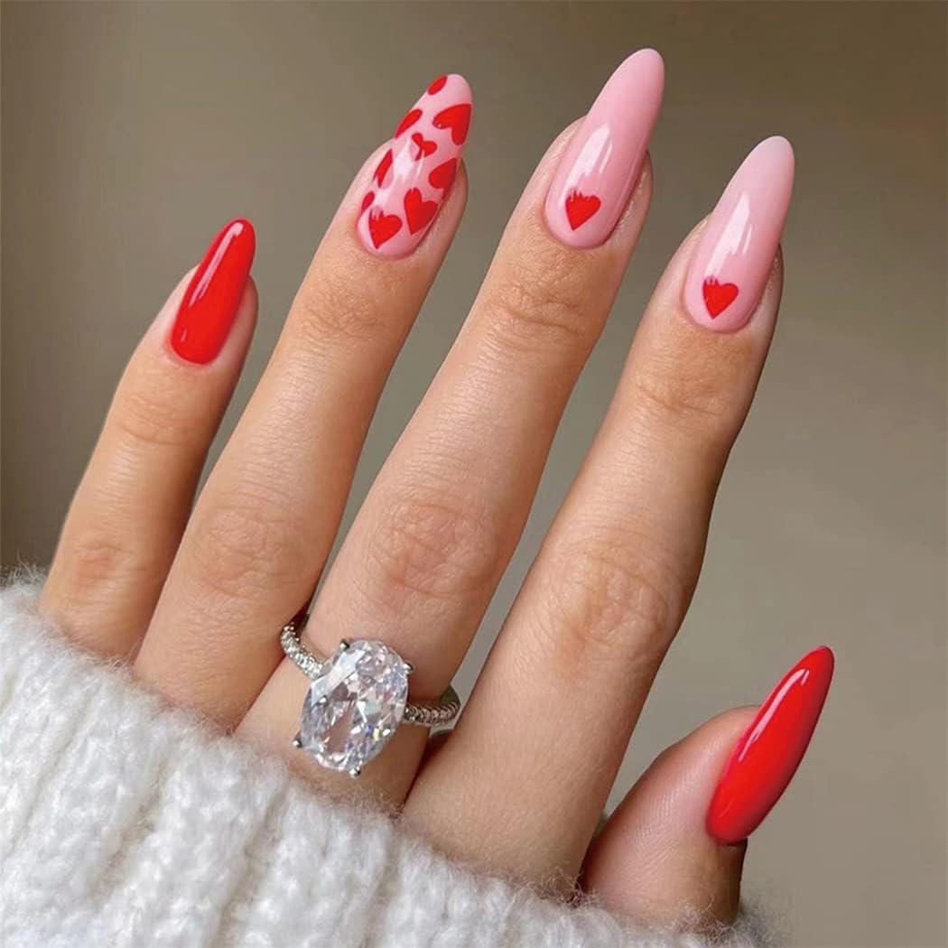 Sethexy Almond False Nails Heart Print Stiletto Stick on Nails Pink Fake Nails 24Pcs Acrylic Art Press on Nails for Women and Girls image number 5