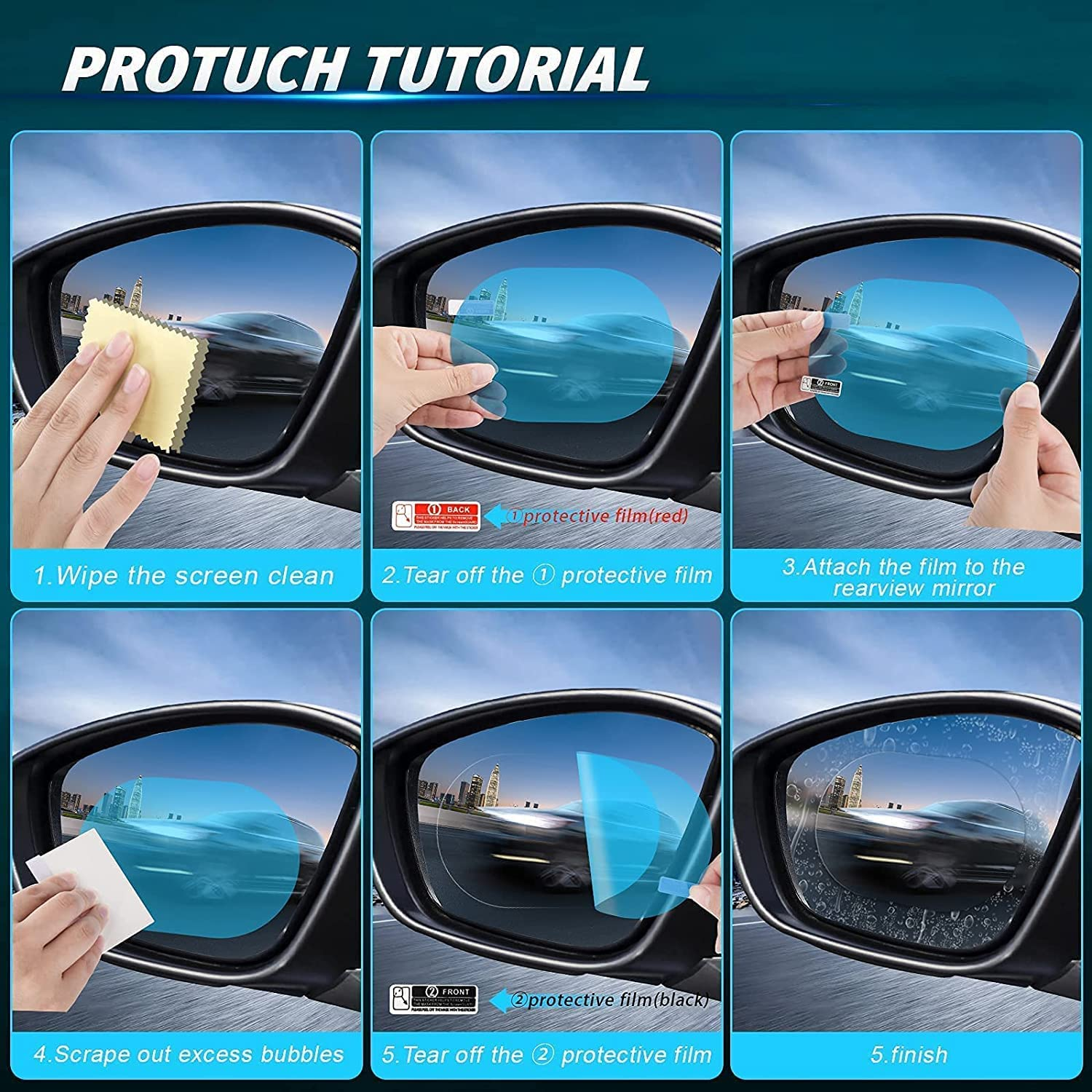 12PCS Universal Car Rearview Mirror Protective Film Sticker + Clean Accessories, Car Rearview Mirror Anti-Fog Rainproof Film Set, Anti-Scratch Clear Nano Coated Protective Sticker (6+6) image number 4