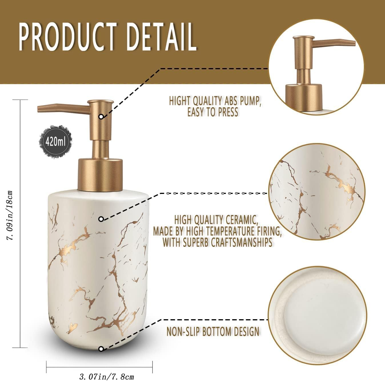 Gold Ceramic Soap Dispenser for Bathroom White Soap Dispenser for Kitchen Dish Soap Dispenser with Marble Pattern Liquid Hand Soap Dispenser Pump Bottle (White) image number 5