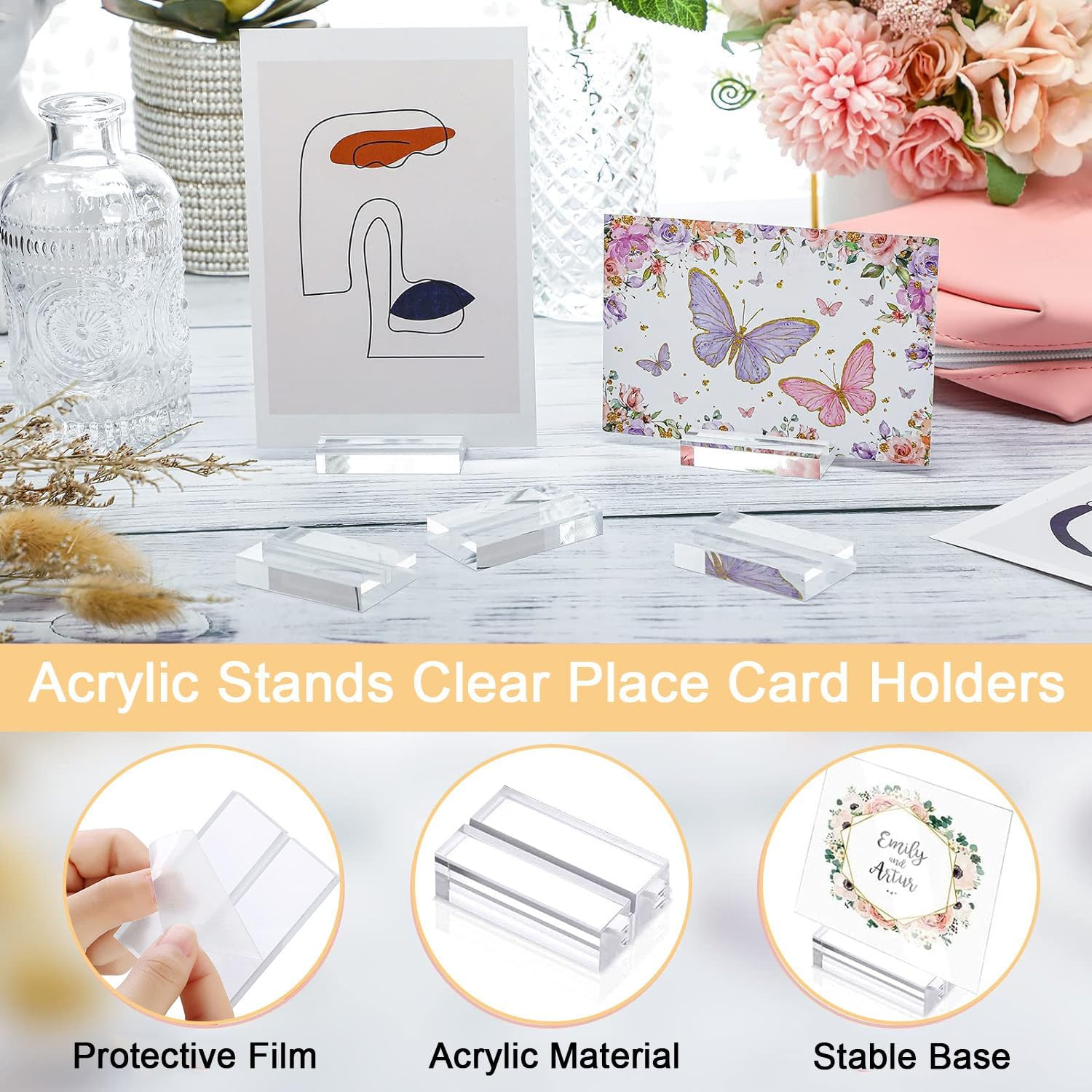 Mtxorvix 12 Pieces Acrylic Stands Clear Place Card Holders,Acrylic Sign Holder, Card Display Stand, Card Slot Stand for Wedding Table Numbers Display Stands Photos Wedding Party Events Office Business image number 2