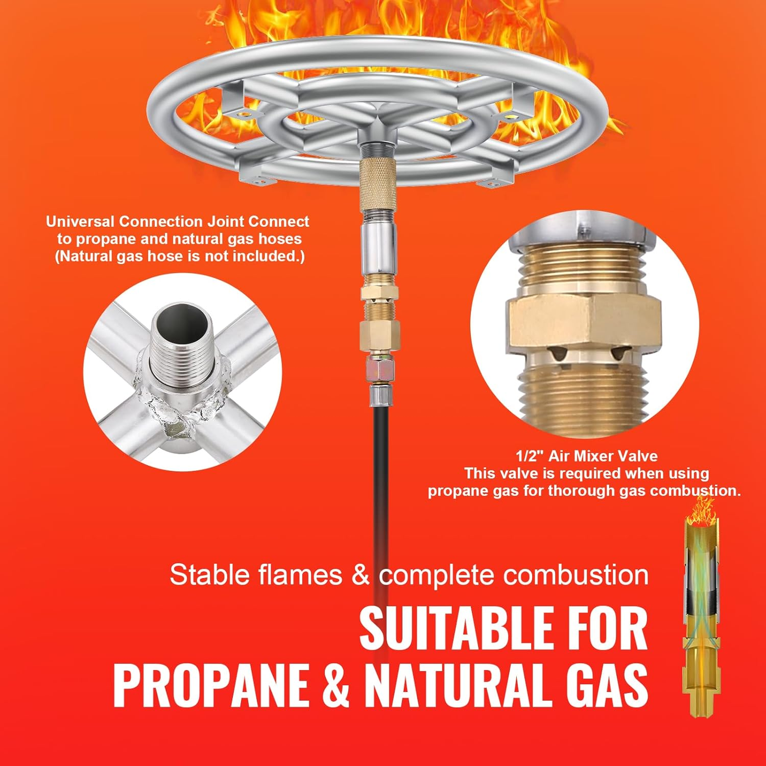 VEVOR 12 Inch round Drop-In Fire Pit Pan, Stainless Steel Fire Pit Burner Kit, Natural & Propane Gas Fire Pan with 92,000 BTU for Indoor or Outdoor Use image number 6