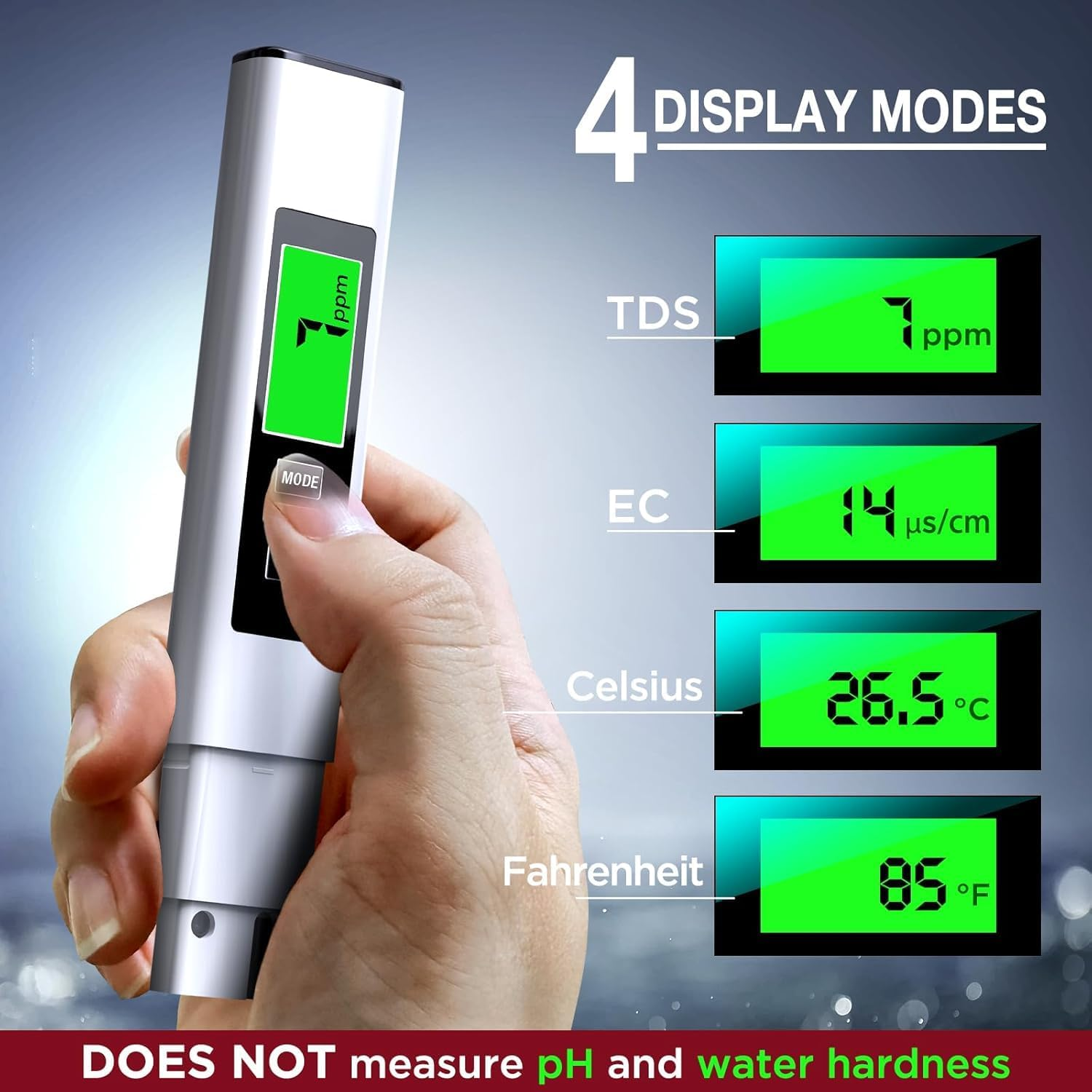 4 in 1 Tds Meter Digital Water Tester - Accurate and Reliable TDS EC & Temp(&deg;C,&deg;F) Meter - 0-9990Ppm - Professional Testing for Drinking Water, RO/DI System, Aquariums Etc image number 2