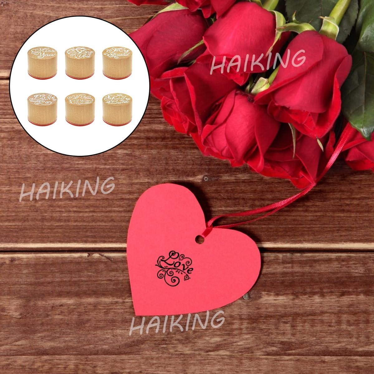 Wooden Stamper, 6 Pcs round Blessing Words Pattern Rubber Stamp Set for DIY Craft Card, Scrapbooking, Birthday Party Gift, Prize Bag Fillers (6 Style) image number 3