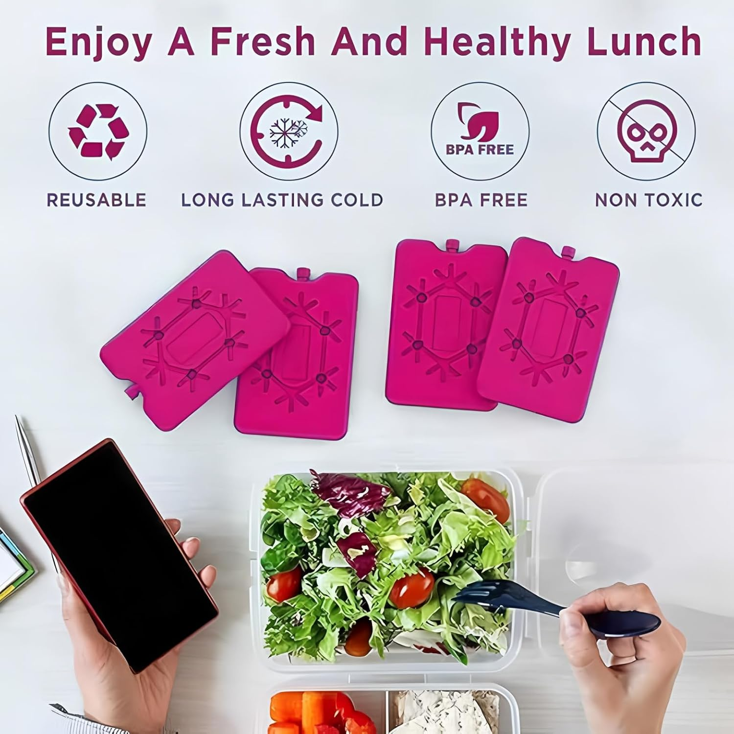 Ice Pack，Ultra-Thin Reusable Ice Packs for Lunch Boxes, Coolers & Breastmilk Bags - Long-Lasting Cooling Solution to Keep Food Fresh 4Pack (Rose Red) image number 4