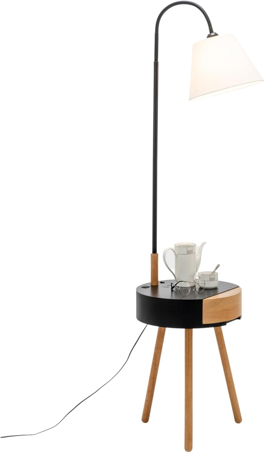 New Oriental Rubberwood Floor Lamp with Shade and Wireless Charger Shelf Storage Drawer, Natural/Matte Black
