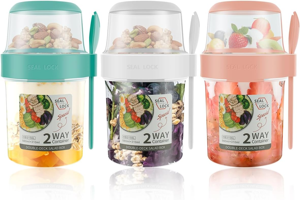 3PCS Reusable Overnight Oats Container with Lid and Spoon 310Ml+560Ml on the Go Cereal Yogurt Cups Leak-Proof Breakfast Salad Cups for Salads Fruit Granola Cereal Milk Porridge image number 3