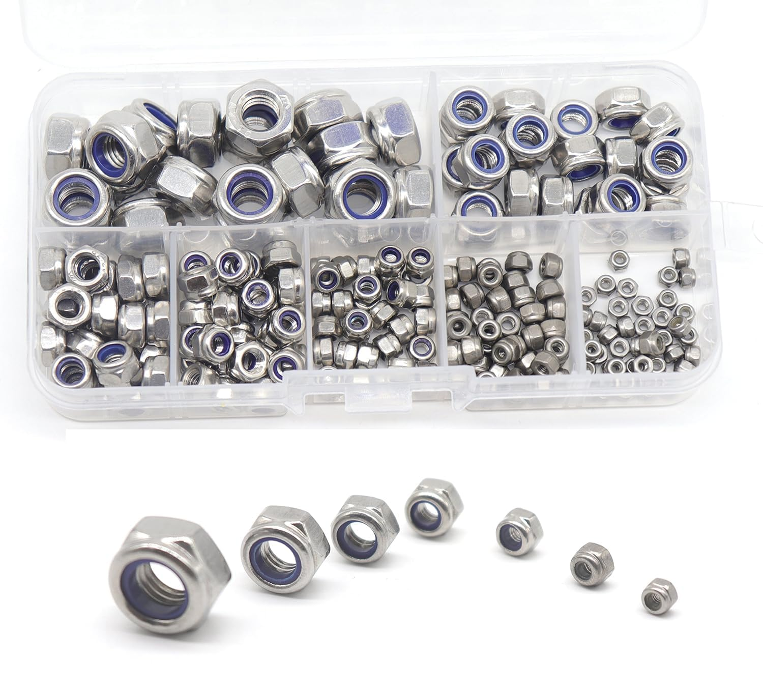 Locknuts Assortment Kit,M2 M2.5 M3 M4 M5 M6 M8 210PCS Metric Nylon Insert Lock Nuts Set,304 Stainless Steel Lock Nuts for Bolt (210 Set) image number 5