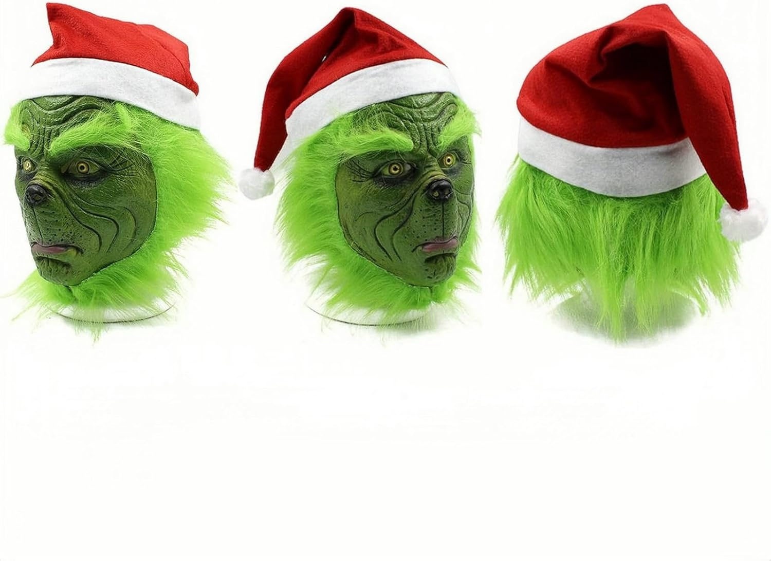 Christmas Grinch Mask, HFAN Grinch Decorations, Christmas Mask and Gloves with Red Hat Anime Cosplay, Grinch Costume for Halloween Xmas Funny Carnival Party Full Face Latex Helmet Costume Props image number 1