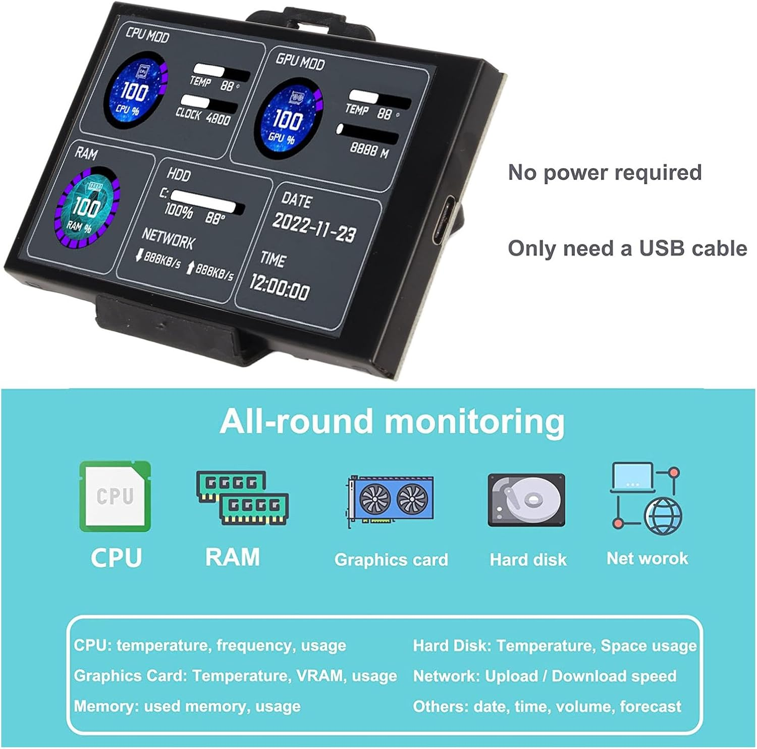 3.5 Inch IPS USB Mini Screen, PC CPU HDD Data Monitor, Computer Temperature Display, Type-C Sub Screen, Portable Small HD Monitor for System Desktop image number 2
