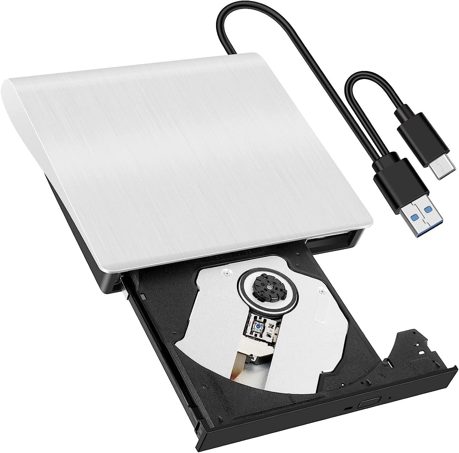 Portable External DVD Drive, USB 3.0 Type-C CD DVD +/-RW Optical Drive USB C Compatible with Windows XP / 2003 / Vista /7/8.1/10，Linux，Mac OS System Rewriter Writer Reader Burn Speed 16 Times(White)