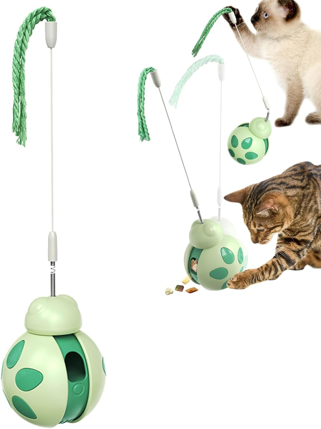 Yeanifeana Beetle Cat Toy for Indoor Cats, Interactive Treat Dispenser & Tumbler Toy with Cat Wand, Slow Feeder Balance Car Design for Exercise/Boredom Relief (Green)