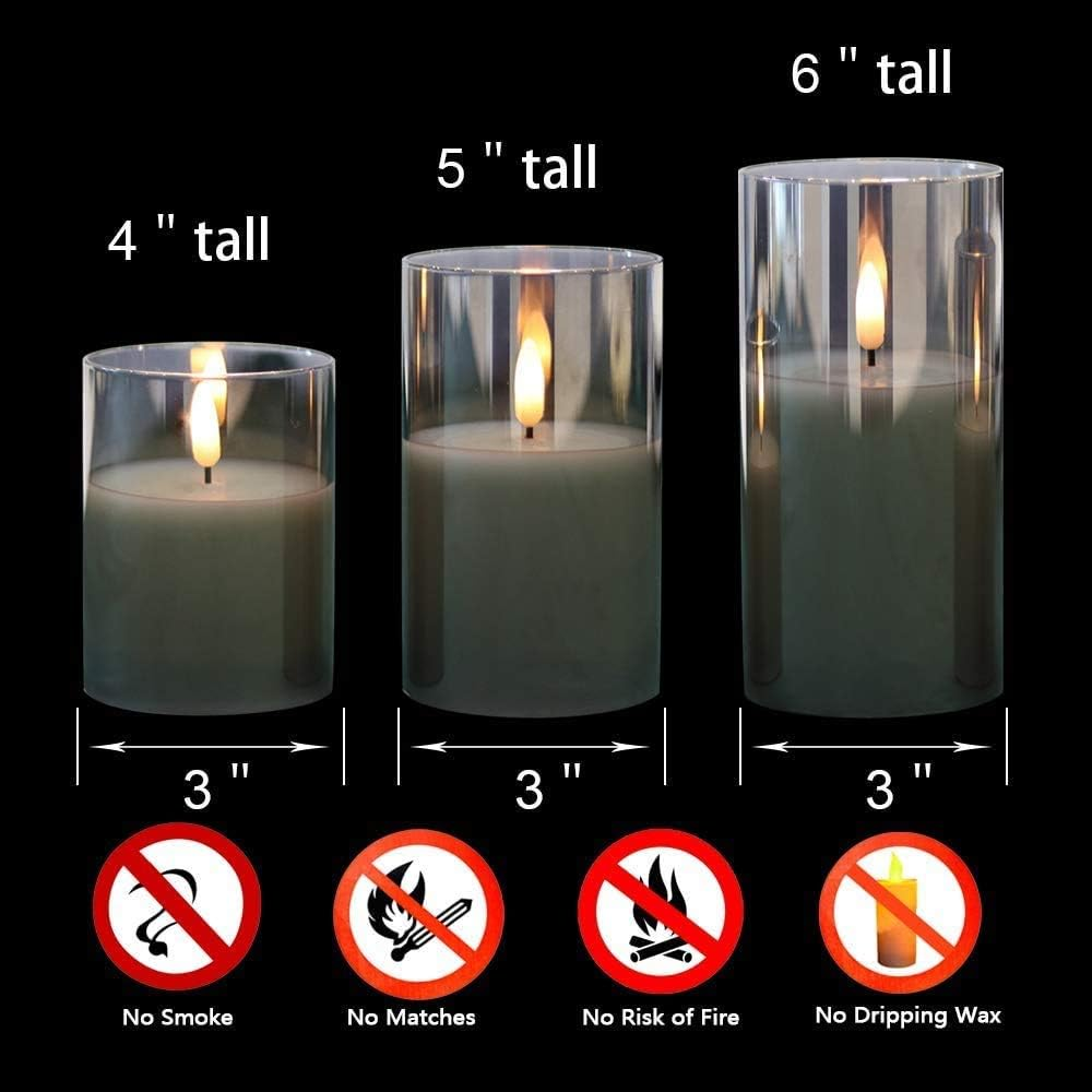 Genswin Glass Flameless Candles with Remote Battery Operated Flickering LED Pillar Candles Real Wax 3D Wick for Wedding Festival Home Decoration(Gray,Pack of 3) image number 1