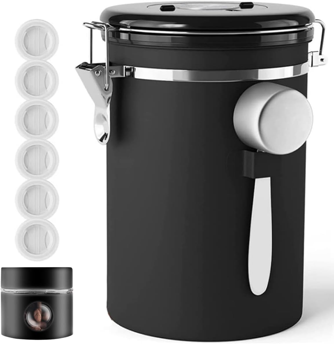 Airtight Stainless Steel Coffee Canister, Coffee Bean Storage Container with Mini Jar and Date Tracker, 6 Co2-Release Valve and Measuring Scoop for Grounds, Tea, Flour, Sugar, 1800Ml/60Oz image number 2