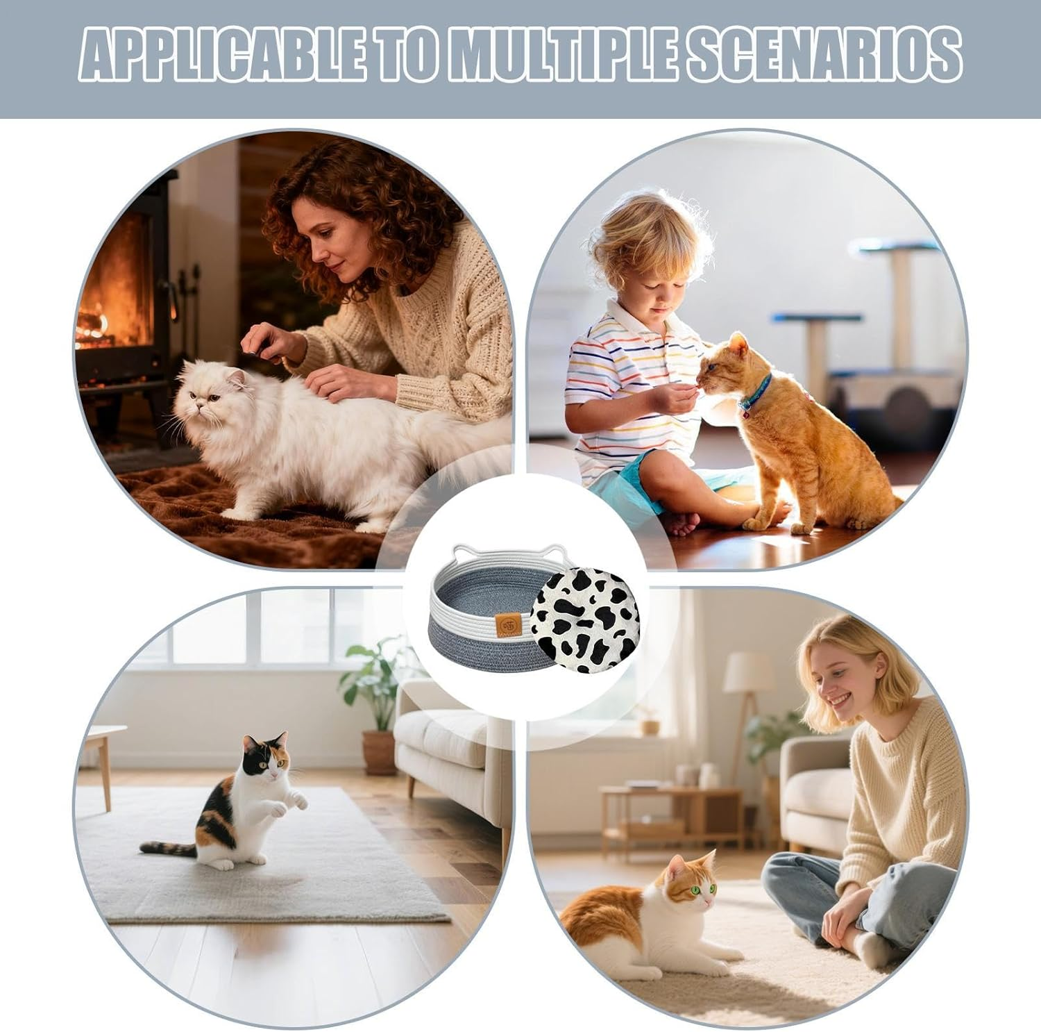 Cat Basket Bed | Cotton Rope Pet Supplies with Mat | Cute Kitten Bed Cat Basket | for Kitten Bunny Small Dog Pet Animal Toy Snack Storage Indoor Bedroom Living Room Dorm image number 3