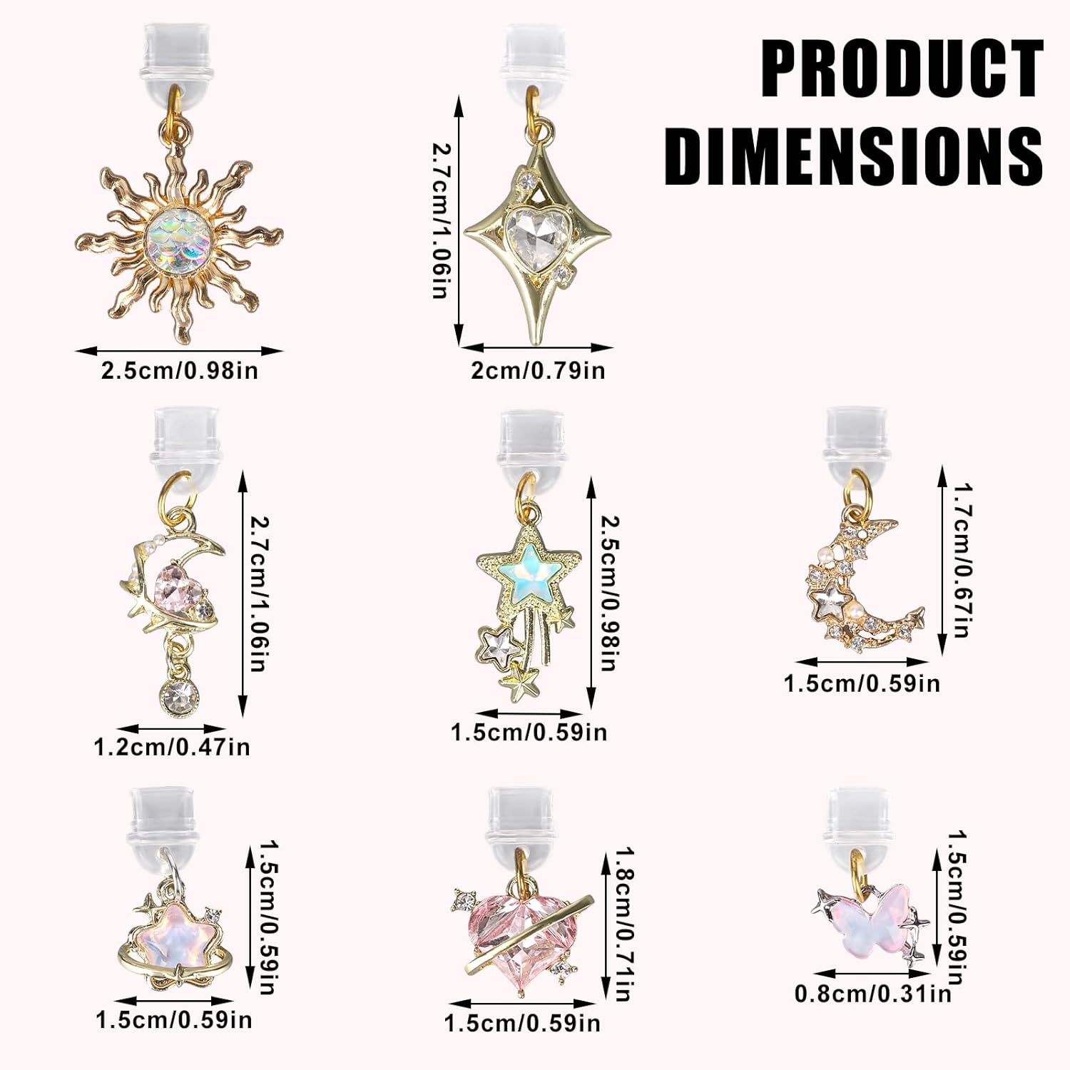 8Pcs Aesthetic Dust Plug Charms, Vintage Fantasy Star Moon Sun Heart Butterfly Pendant Y2K Type C & USB-C Charging Port Covers for E-Reader Smart Phone image number 6