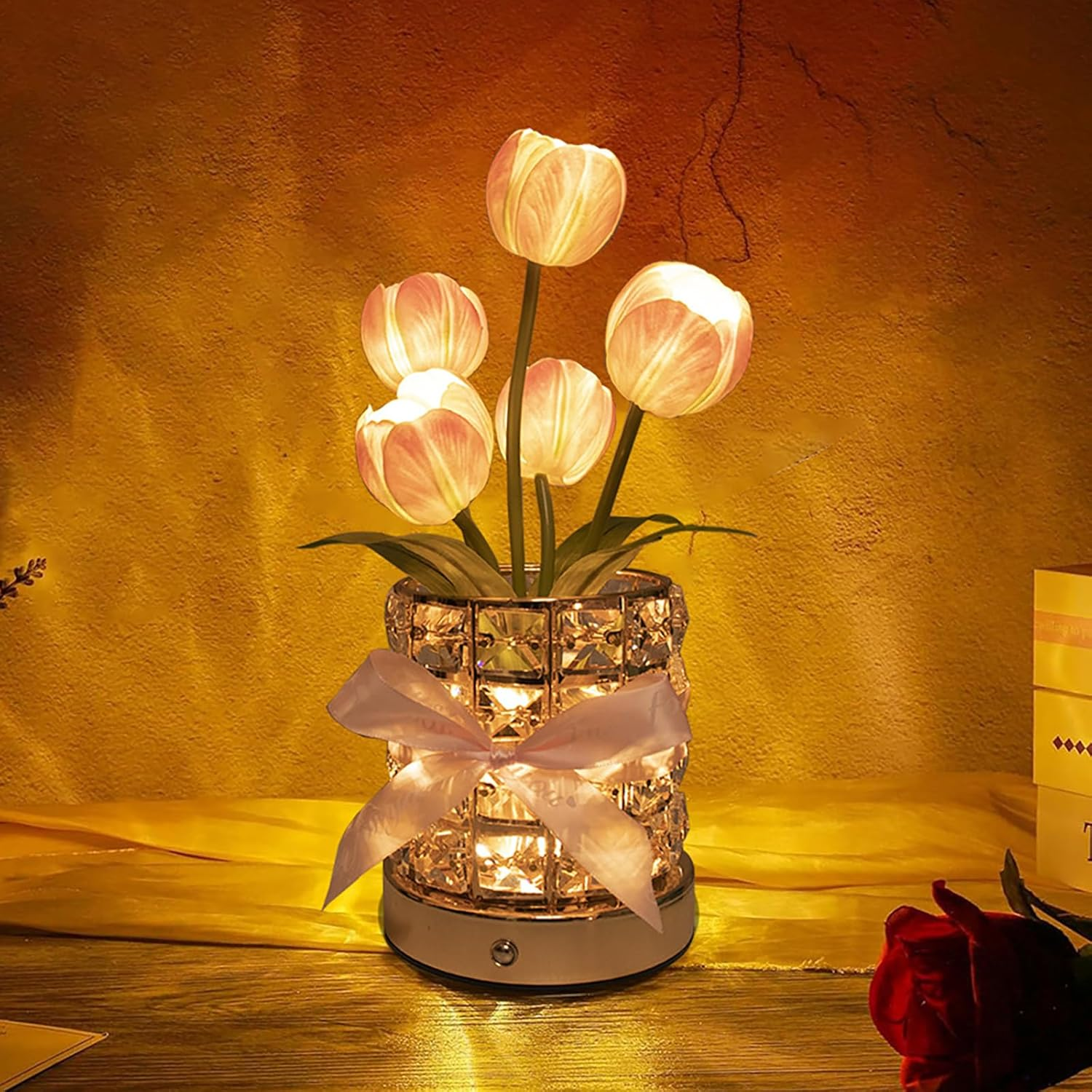 Tulip Crystal Flower Lamps, USB Rechargeable Cordless Lamps, 3 Colors Dimmable Artificial Flowers Light, for Home Date Party Decoration (Tulip Pink)