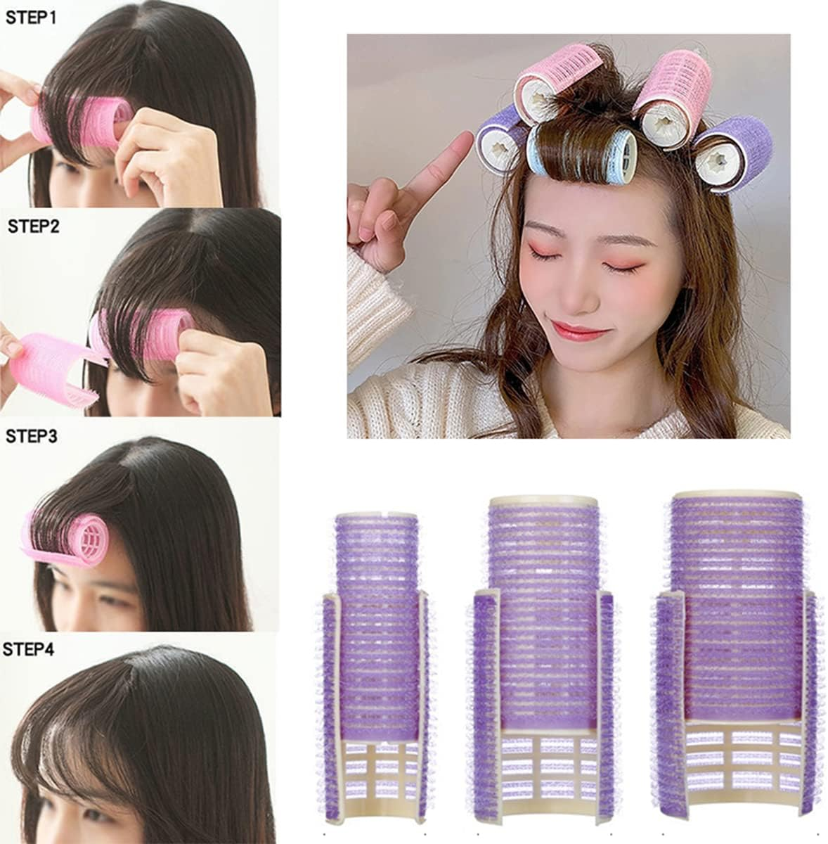 Volumizing Hair Curlers, Rollers and Clips - 8PCS with Self-Grip for Long, Medium, Short, Thick or Thin Hair (3 Sizes, Purple)