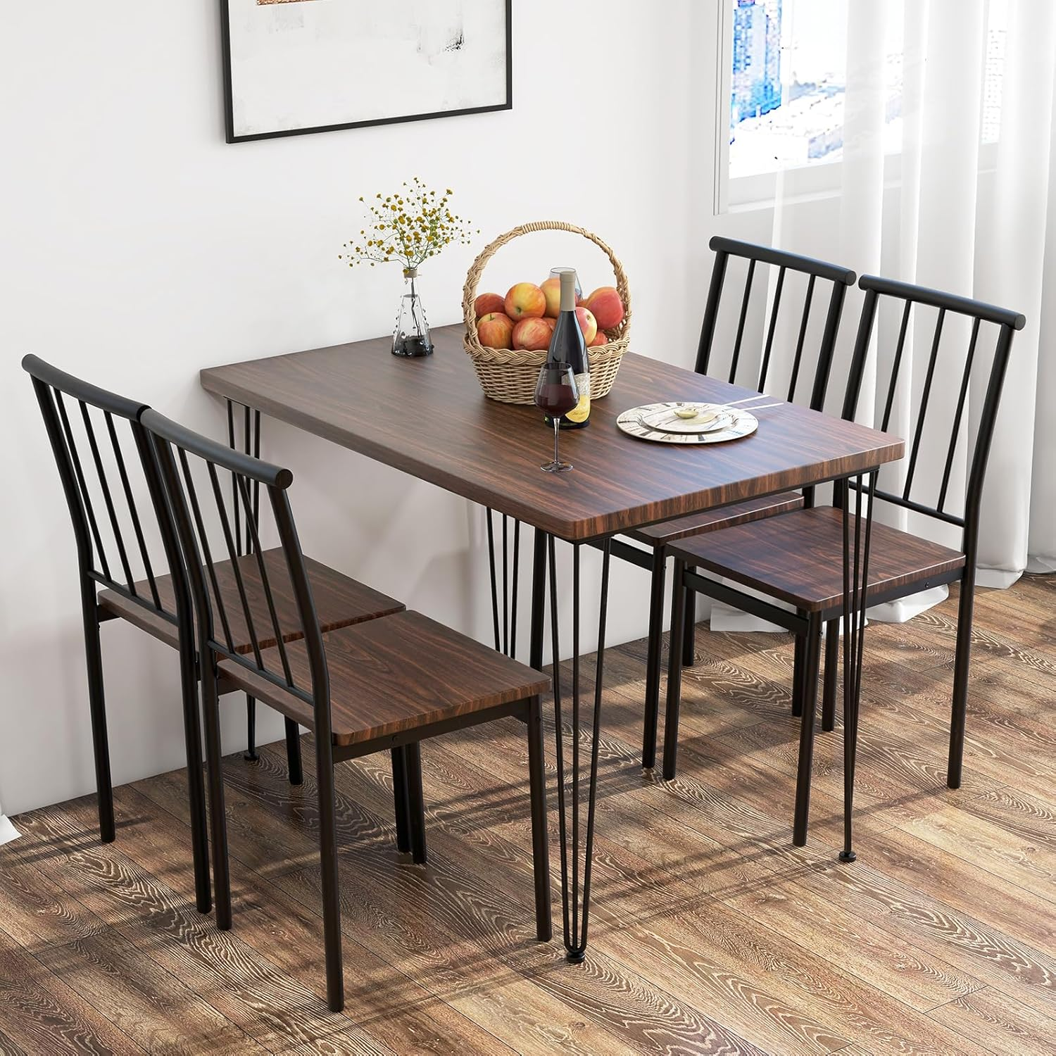 Giantex 5-Piece Dining Table Set for Small Space, Kitchen Table Set for 4, Dining Room Table & 4 Chairs with Metal Frame, Rustic Dining Set for Home Restaurant (Walnut)