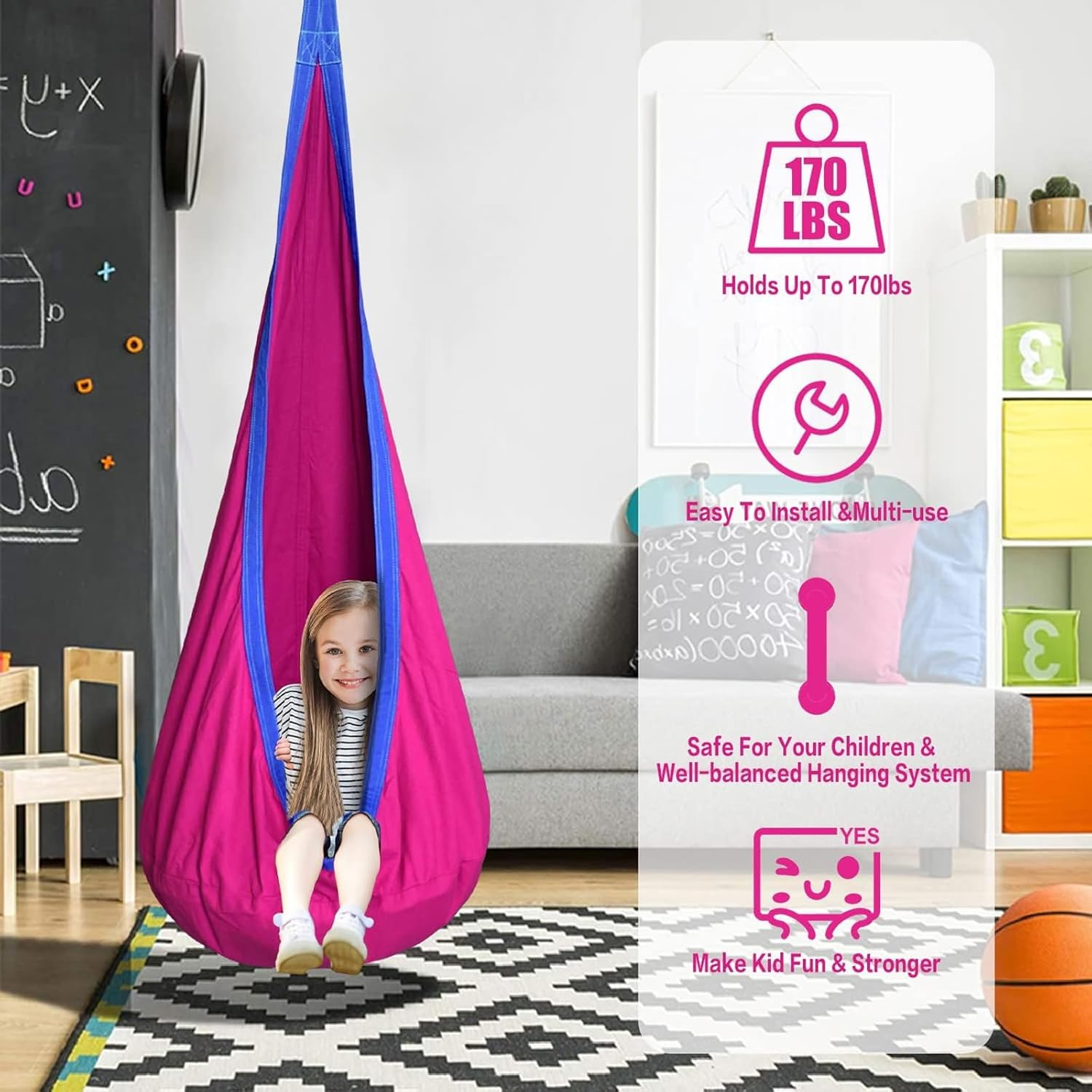 Visuivit Kids Pod Swing Seat, Cotton Child Chair with Inflatable Pillow, Sensory Swing Chair with Pocket for Outdoor and Indoor, Max 170Lbs/77Kg (Red) image number 2