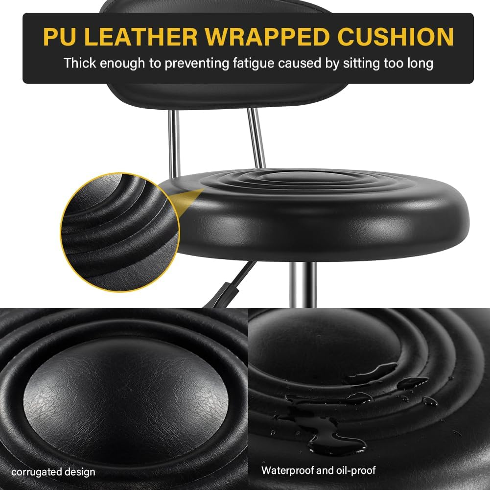 Rolling Stool with Wheels Swivel Stool with Back Height Adjustable Chair PU Leather Rolling Stools Ideal for SPA Salon Home Office Drafting Work (Black)