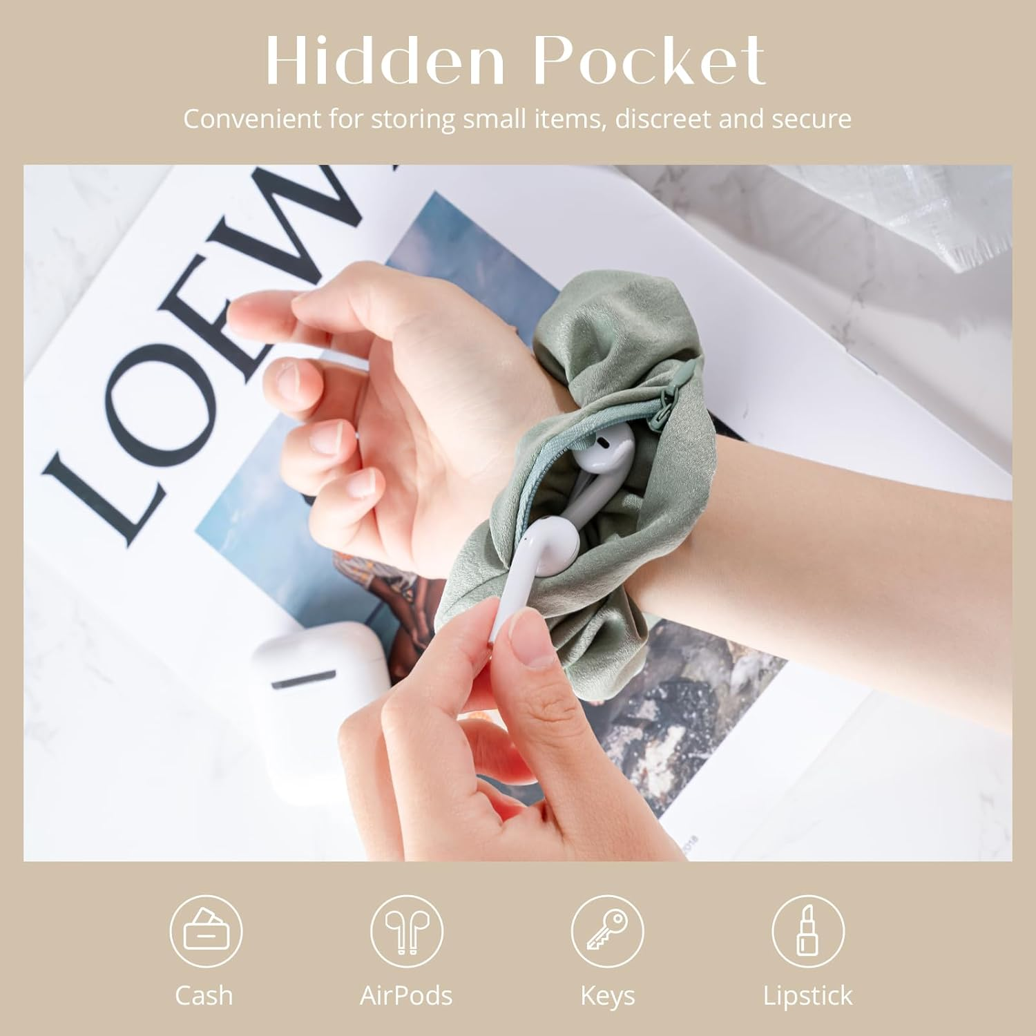 Lolalet Stash Scrunchies, 4 PCS Hair Scrunchies with Zipper Pocket, Hidden Pocket Scrunchie for Hide Money, Elastic Hair Ties Ponytail Holder Accessories for Thin Fine Curly Hair -Style B image number 2
