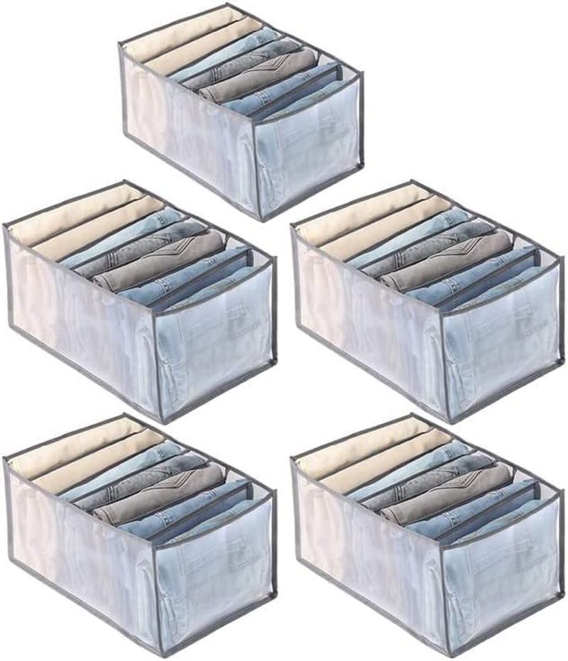 LEDON Wardrobe Clothes Organiser 7 Grids, White/Grey Foldable Clothes Storage Box for Home Storage & Organisation, Clothing & Closet Storage for Clothes, Jeans, Pants (Grey L 5PCS)