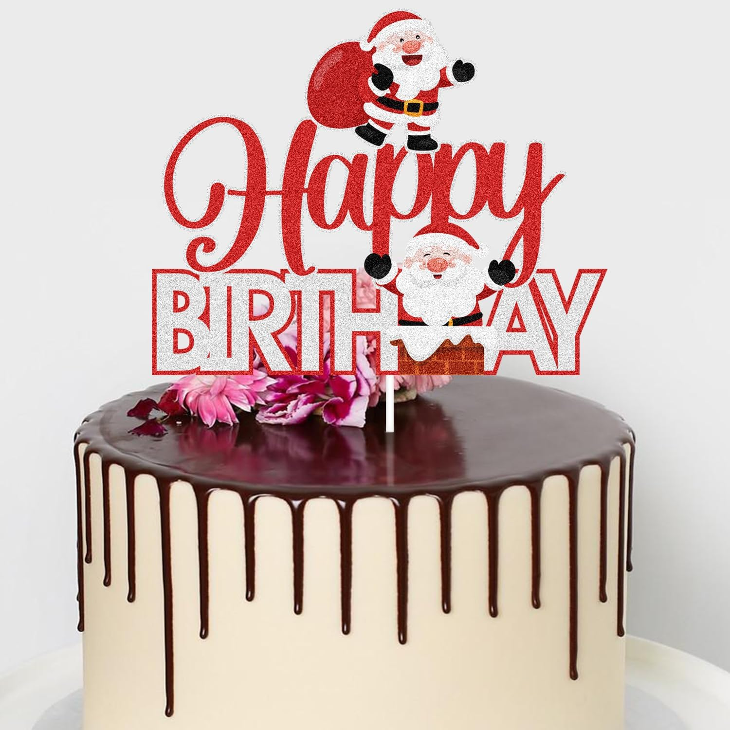 Merry Christmas Happy Birthday Cake Topper - 2024 Winter Birthday Red Glitter Man Cake Topper - Christmas Birthday Party Supplies - Christmas Holidays Party Decoration image number 2