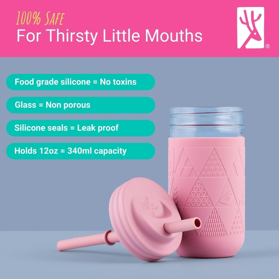 Elk and Friends 12Oz Glass Kids + Toddler Drinking Cups | the Original Mason Jars with Lids + Sleeves + Straws | Smoothie Cups | Spill Resistant | Dishwasher Safe | 4 Pack - Blush/Lilac/Peach/Lemon image number 5