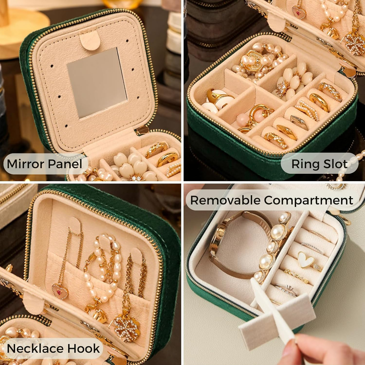Velvet Travel Jewelry Box, Mini Travel Jewelry Case Organizer with Built in Mirror for Women Girls, JOMWEN Portable Display Storage Box for Rings Earrings Necklaces Bracelets (Emerald Green) - Emerald Pink image number 3