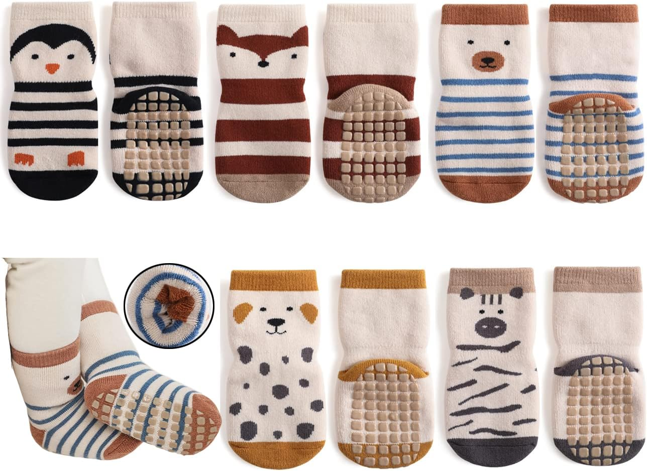 Exegawe Baby Non Slip Socks Winter - 5 Pairs Toddler Kids Thick Warm Crew Socks with Grips for Girls Boys Non Skid Socks