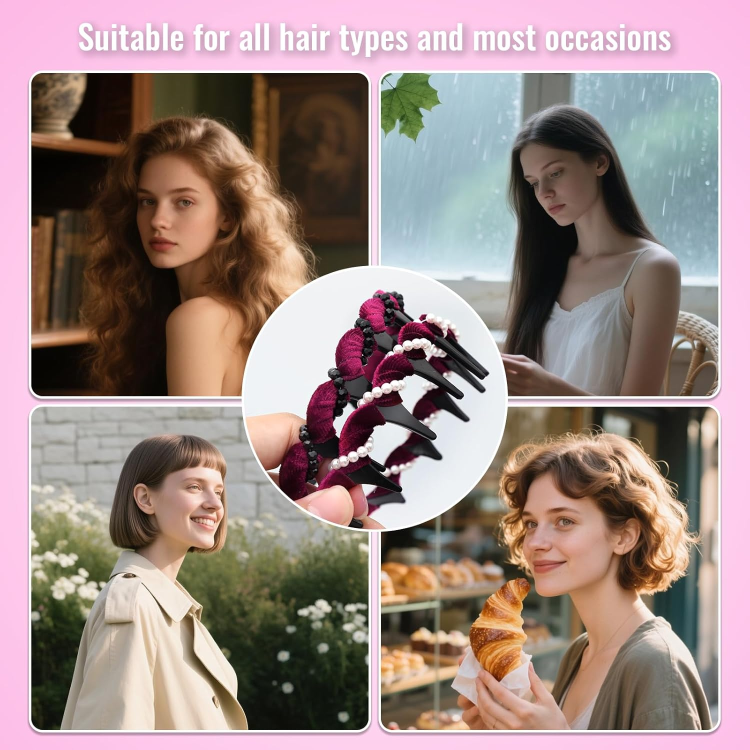 Vintage High Cranium Zigzag Headband Women'S 2025 New, Pack of 6 Vintage Pearl Black Diamond Headband Amen Elegant High Double-Sided Design Headband for Girls and Women image number 6