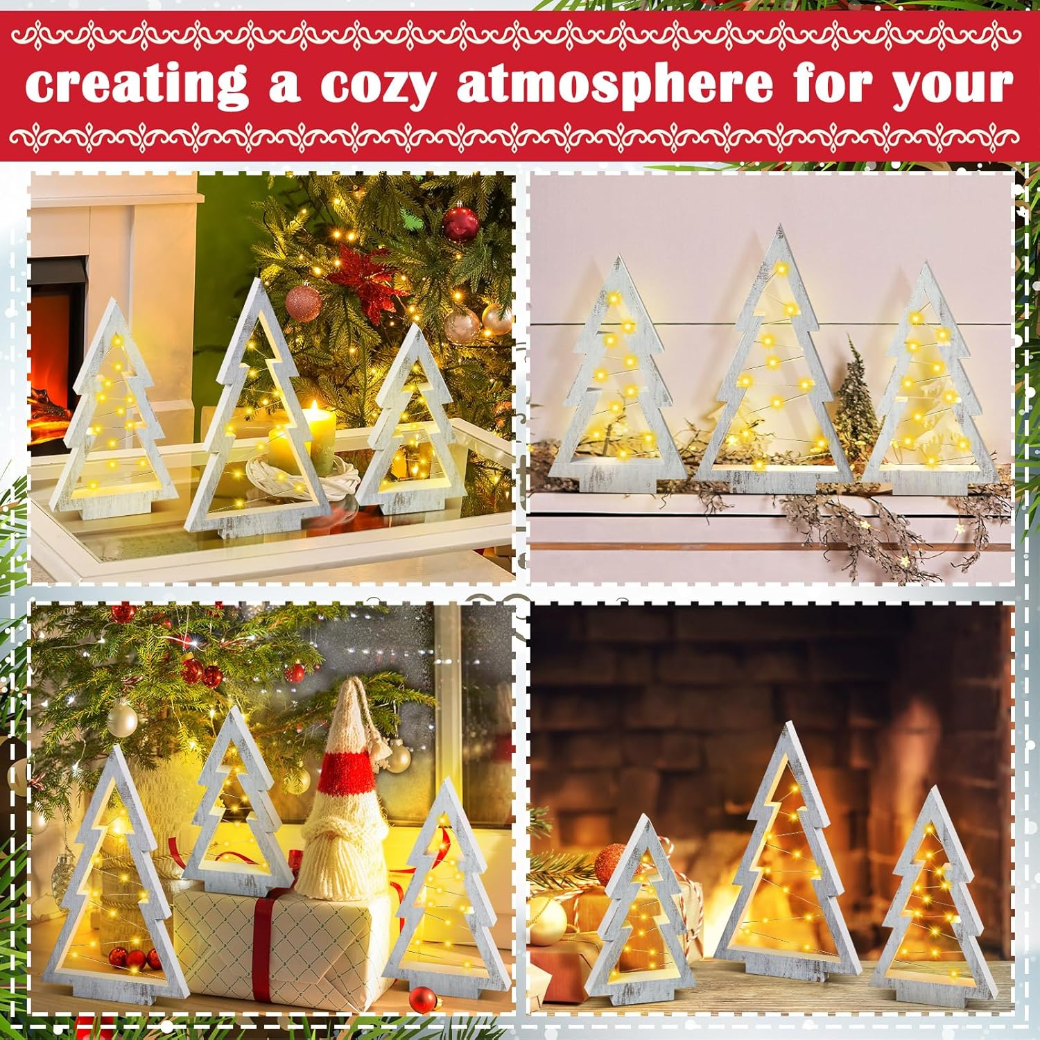 3 Pcs LED Wooden Christmas Tree Tabletop Decoration Rustic Xmas Tree Table Centerpieces with Light Farmhouse Standing Christmas Tree Christmas Tiered Tray Decor for Fireplace Home Party