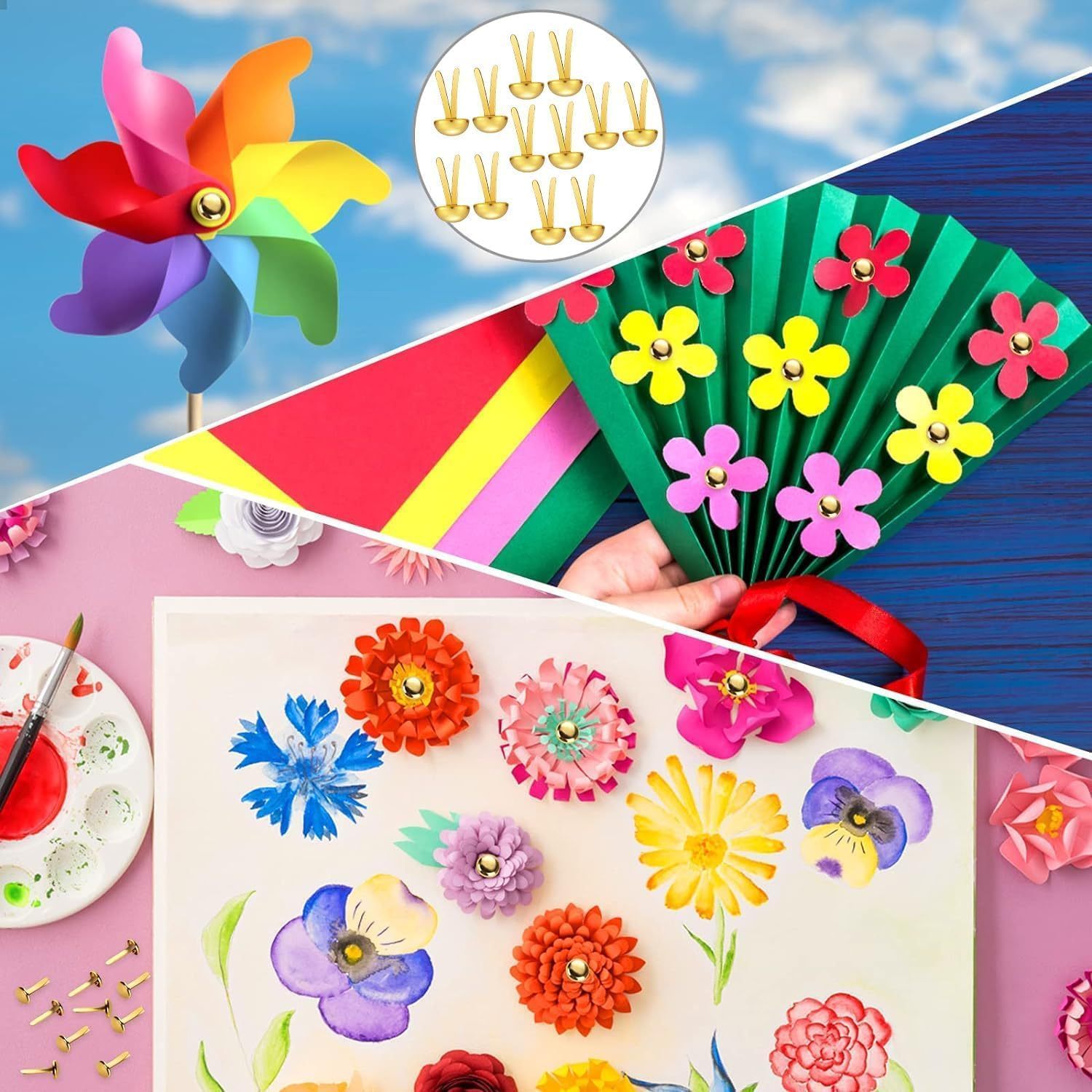 400PCS Split Pins, Betterjonny Coloured Paper Fasteners round Metal Head Mini Brads with Double Toe Studs for Art Decorative Scrapbooking DIY Paper Craft School Accessoires(18 * 8Mm) image number 1